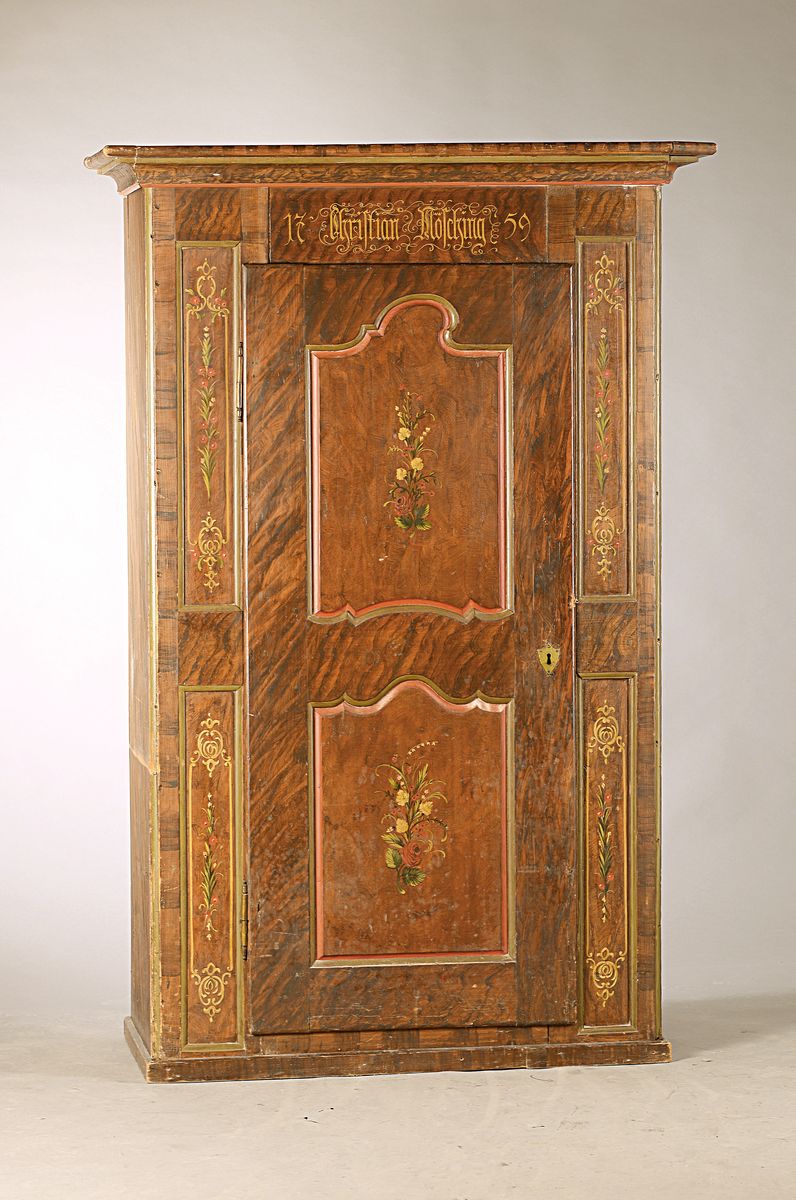 Eintüriger Bauernschrank, Schweiz, datiert 1759, Weichholz polychrom gefaßt, Namenszug Christian Mölching mit Datum 1759, restauriert, ca. ...