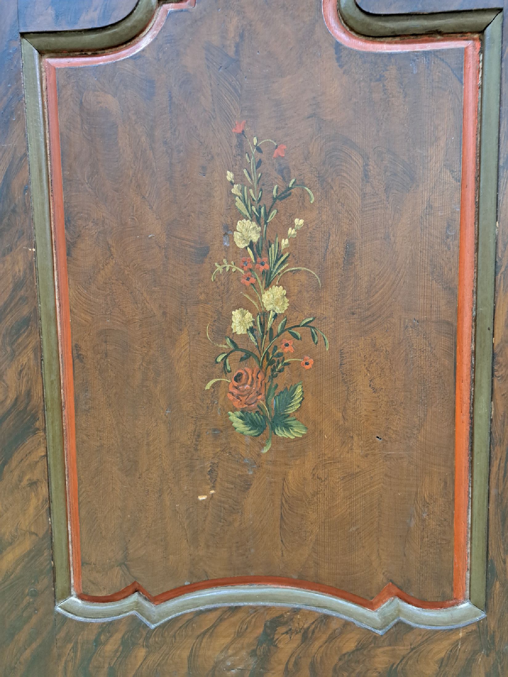 Detail b: Eintüriger Bauernschrank, Schweiz, datiert 1759, Weichholz polychrom gefaßt, Namenszug Christian Mölching mit Datum 1759, restauriert, ca. ...