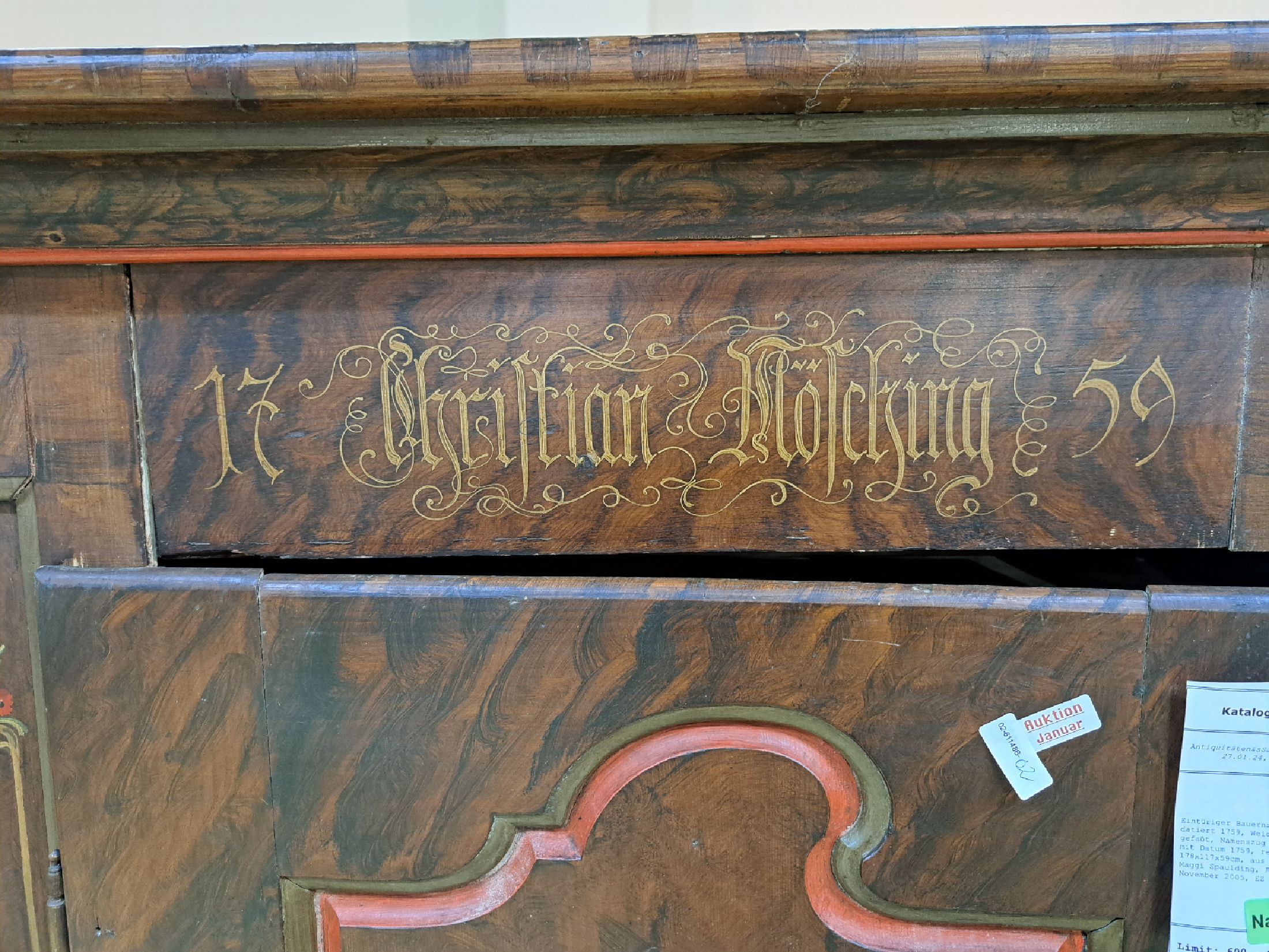 Detail d: Eintüriger Bauernschrank, Schweiz, datiert 1759, Weichholz polychrom gefaßt, Namenszug Christian Mölching mit Datum 1759, restauriert, ca. ...