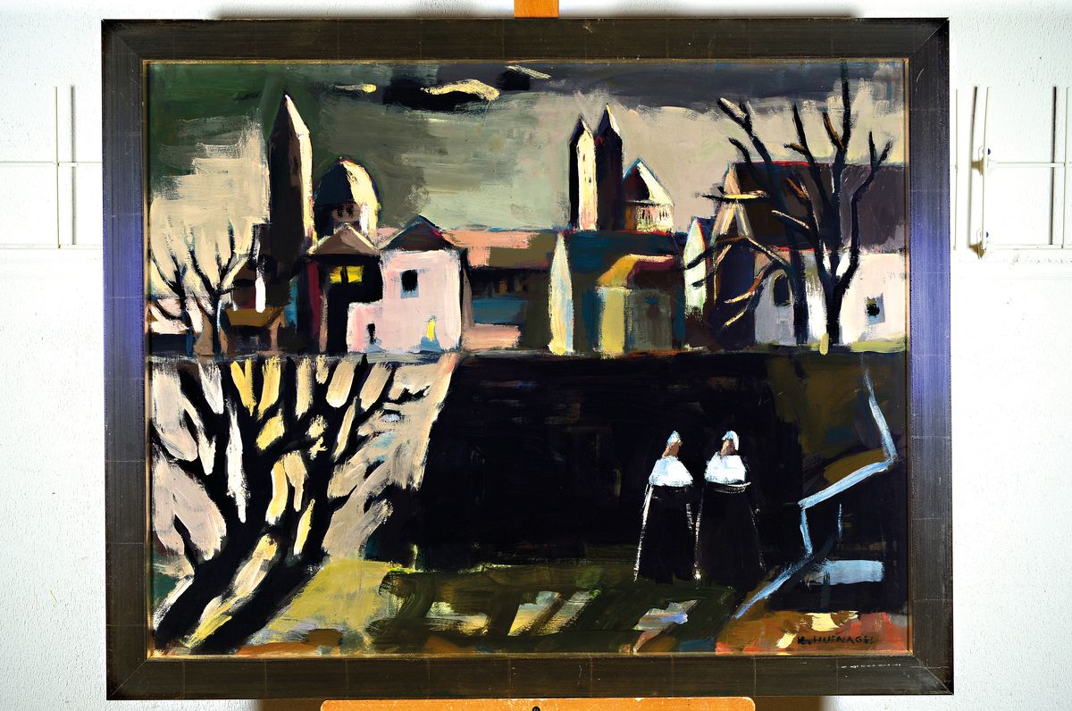 Karl Hufnagel, 1906 Harthausen - 1995 Speyer, Speyer mit Dom, bez. "Meditativ" 1970, Dispersion/Platte, ca. 68.5 x 87.5 cm, Rahmen ca. 77 x ...