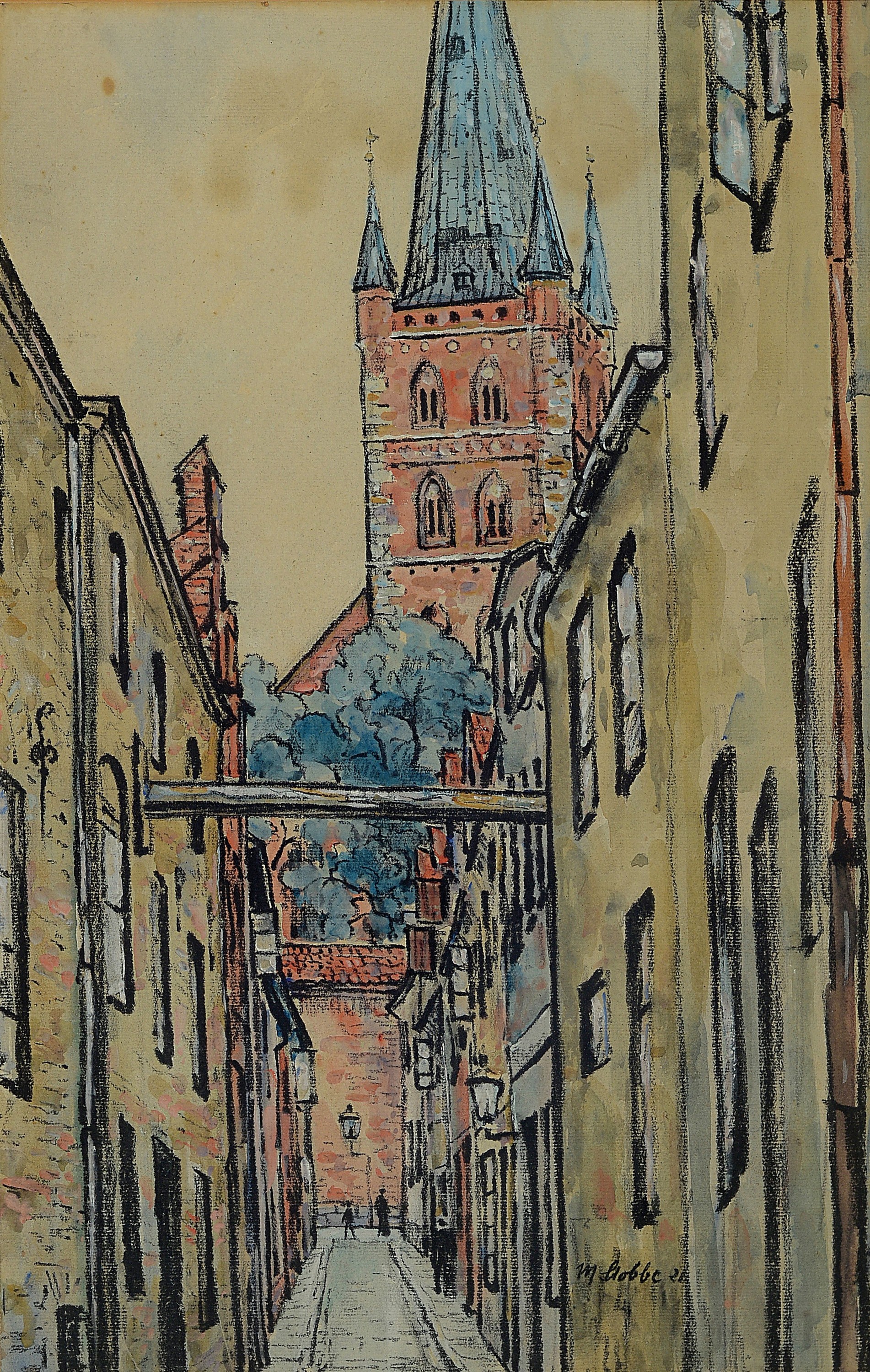 Max Stobbe, 1883 Altona-1963 Hamburg, Blick in die Lübecker Altstadt mit dem Kirchturm von Sankt Peter, Pastell auf Papier, rechts unten signiert ...