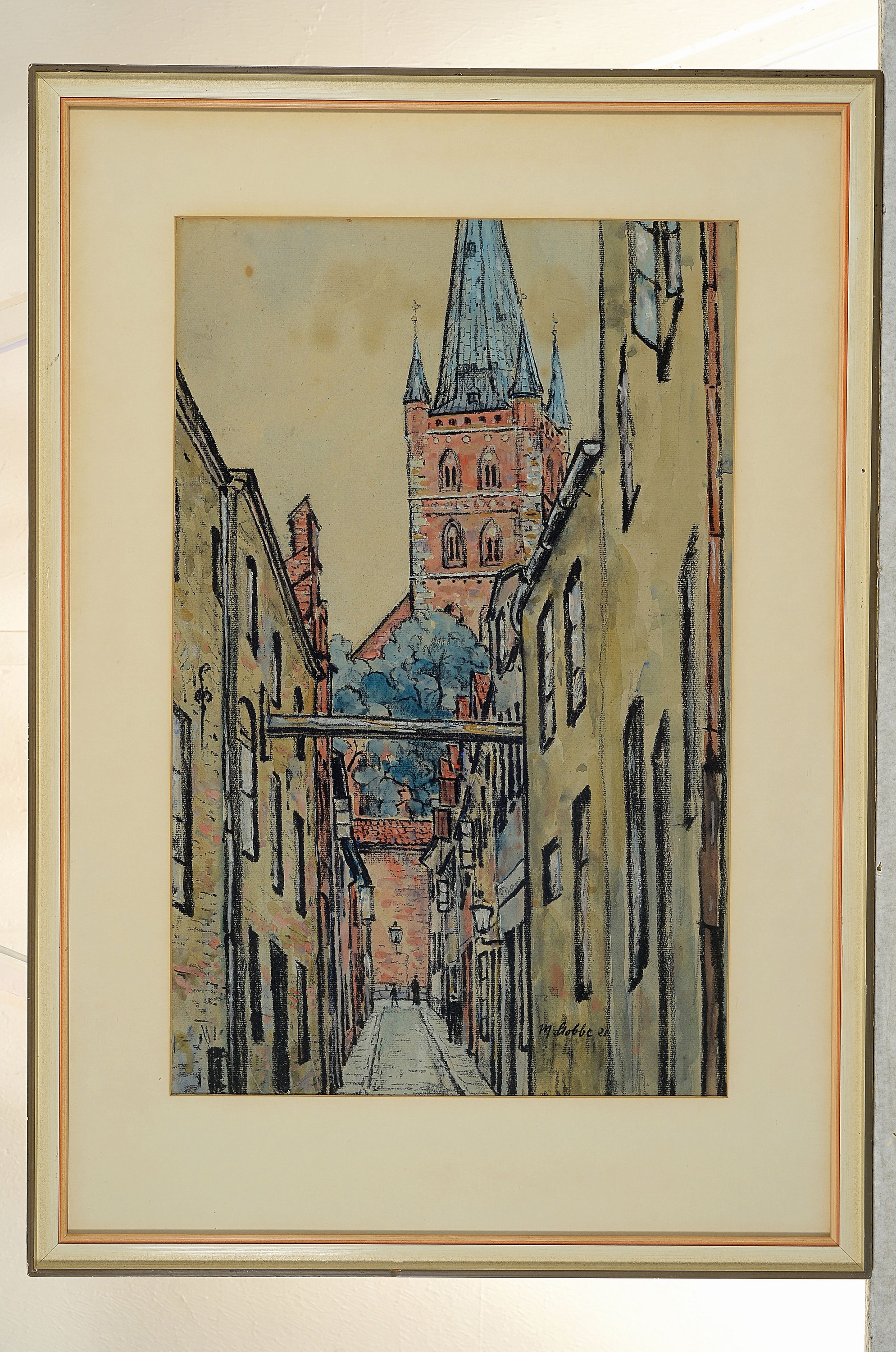 Detail k: Max Stobbe, 1883 Altona-1963 Hamburg, Blick in die Lübecker Altstadt mit dem Kirchturm von Sankt Peter, Pastell auf Papier, rechts unten signiert ...