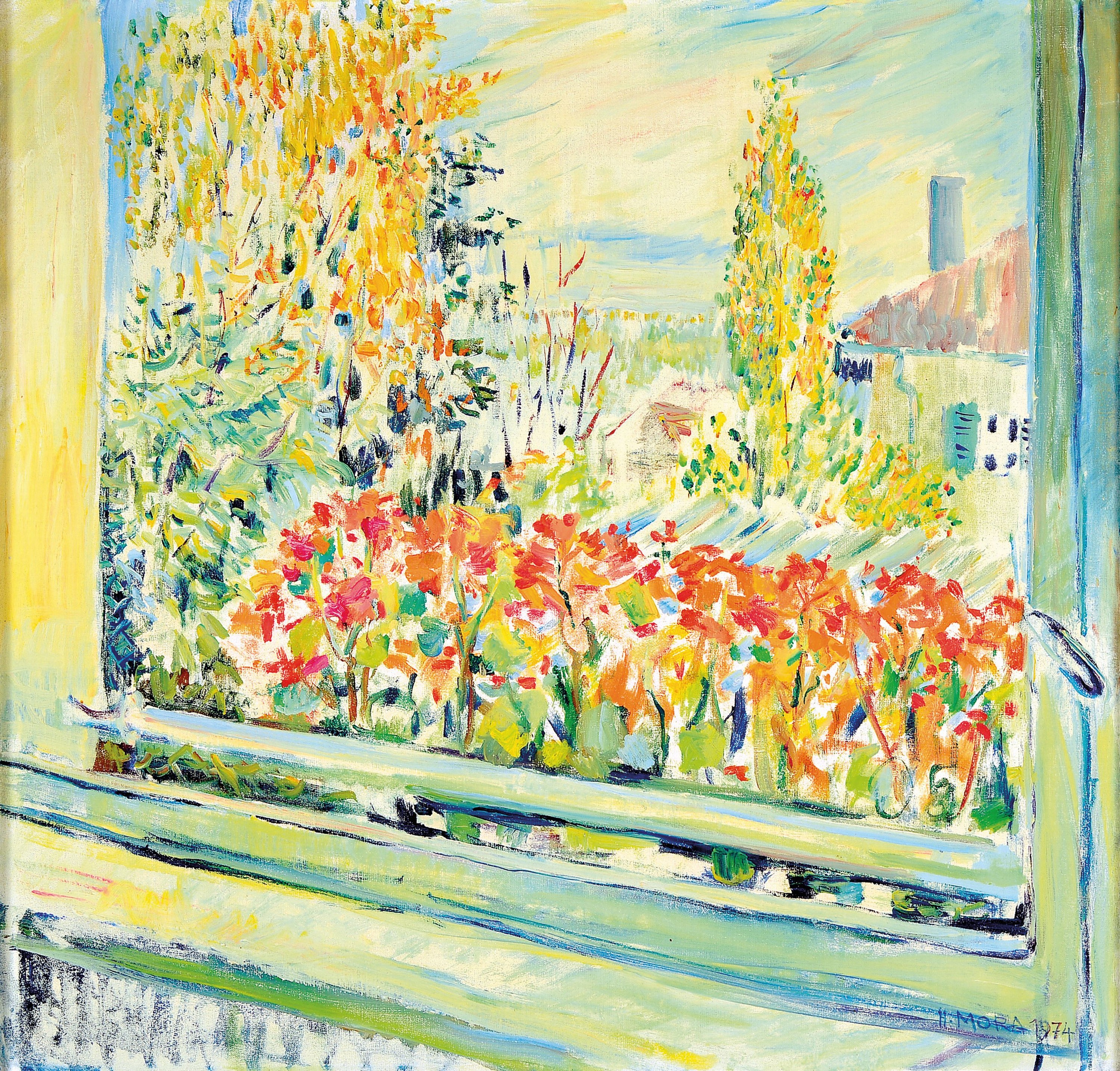 Herta Mora, 1904 Riga-1980 Stuttgart, Blick aus dem Fenster, Öl/Lwd, rechts unten signiert und dat. 1974, ca. 82x87cm, R. ca. 98x103cm