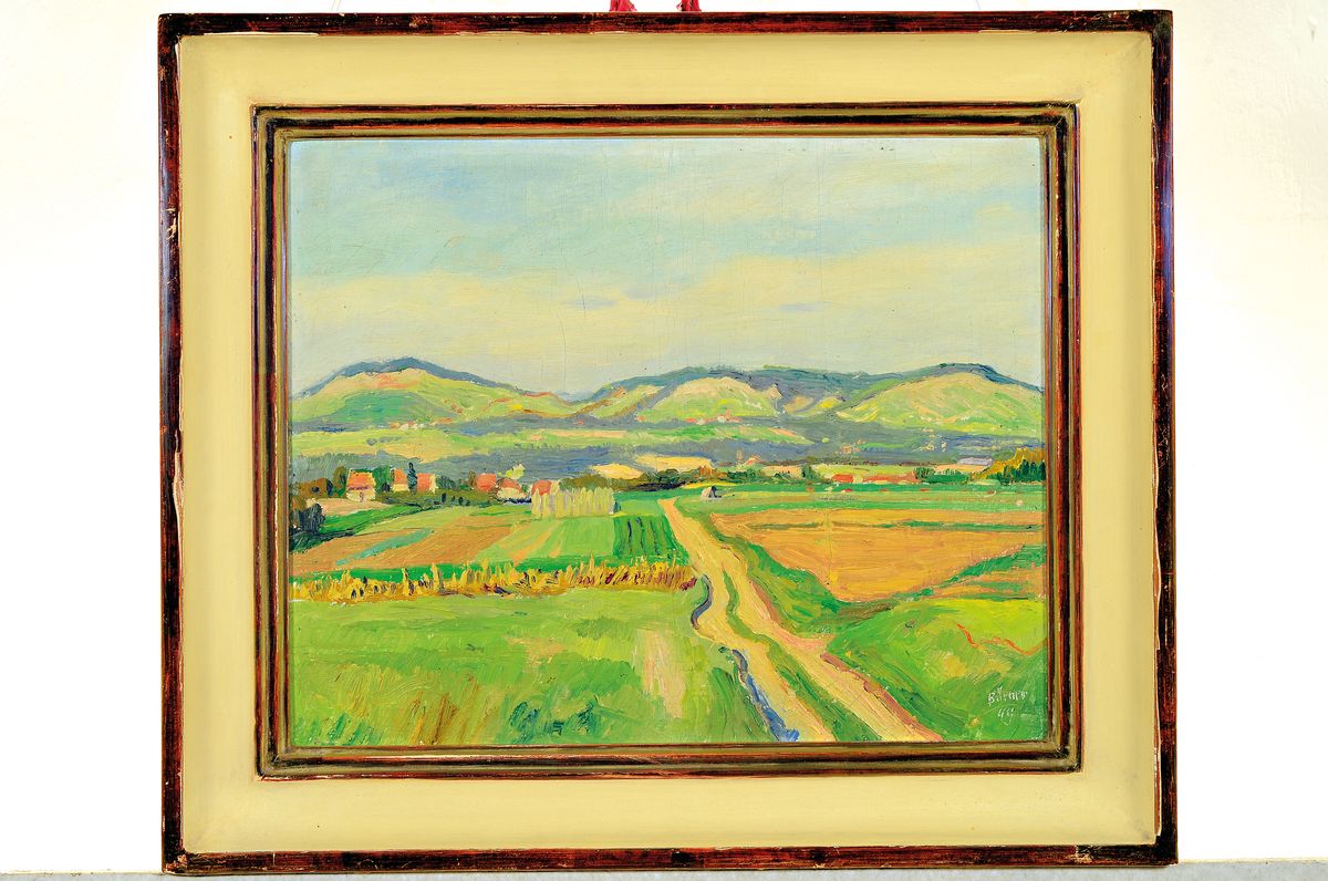 Detail k: Paul Emil Börner, 1888-1970 Meissen, Landschaft, rückseitig betitelt: Unteres Remstal vor Korber Kopf und Heppacher Köpfen, Öl/Hartfaser, sign., ...