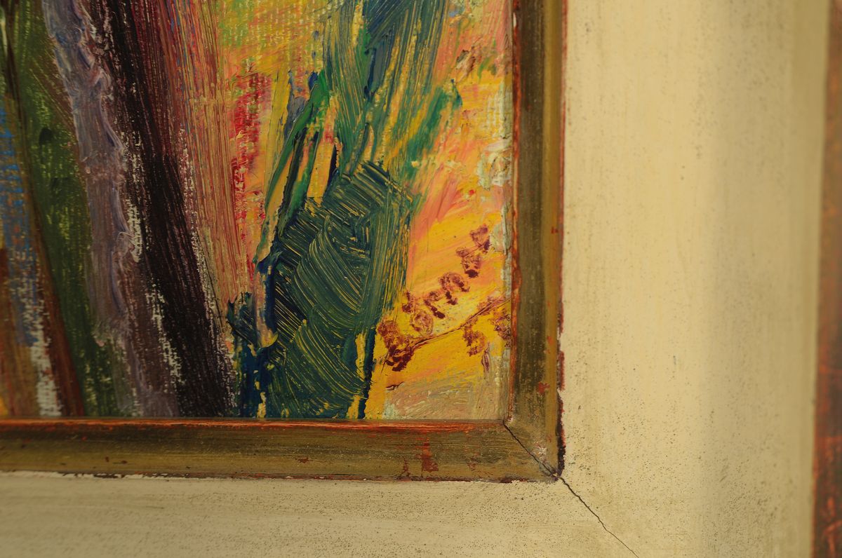 Detail a: Paul Emil Börner, 1888-1970 Meissen, Häuser hinter Bäumen, Öl/Hartfaser, sign. und dat. 58, ca. 54x43cm, R. ca. 62x51cm