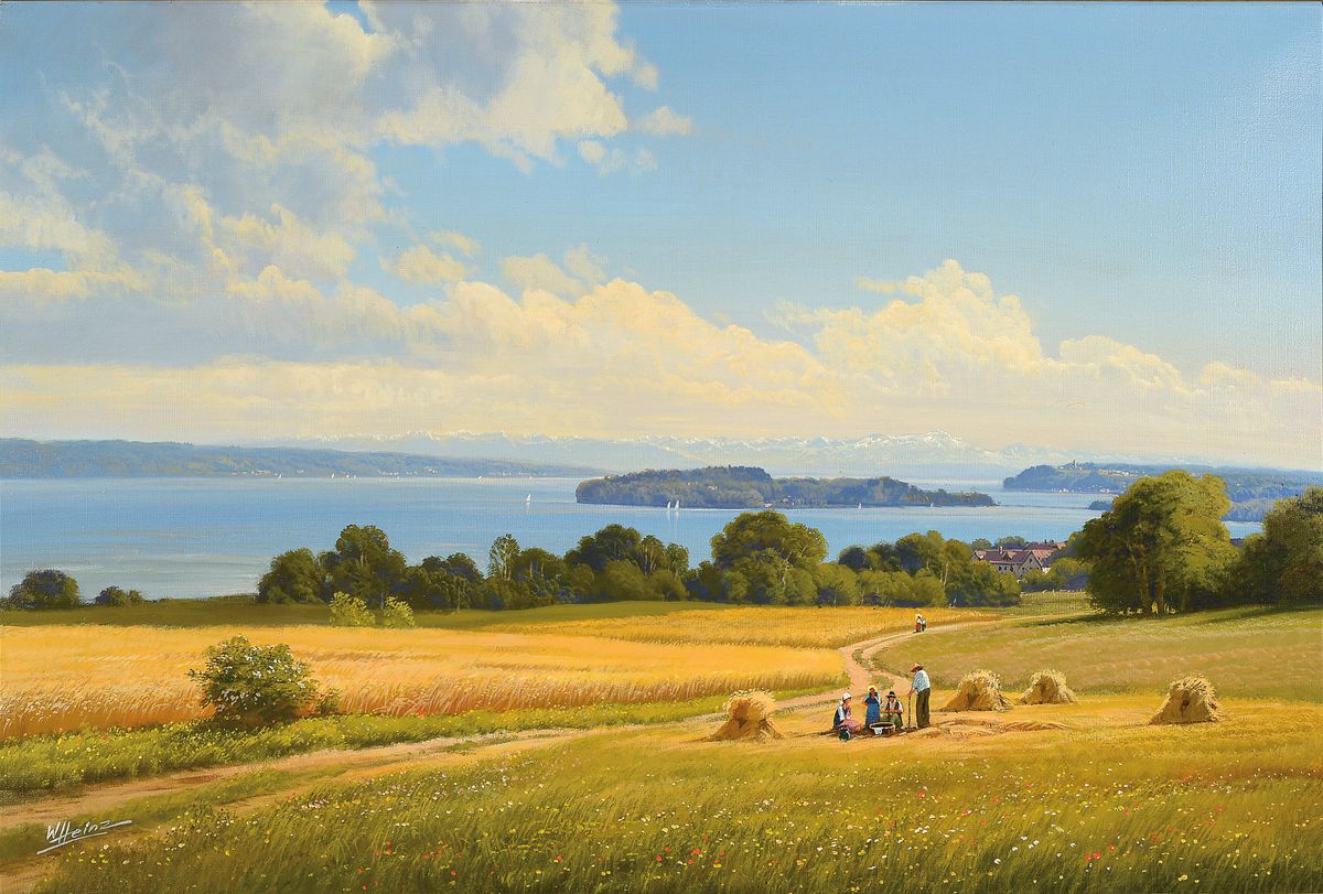Wolfgang Heinz, 1930 Schopfheim-2014, Sommerliche Bodenseeandschaft, Getreideernte mit Blick auf die Insel Mainau, im Hintergrunddie Alpen, Öl/Lwd, ...