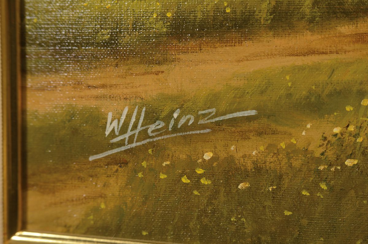 Detail a: Wolfgang Heinz, 1930 Schopfheim-2014, Sommerliche Bodenseeandschaft, Getreideernte mit Blick auf die Insel Mainau, im Hintergrunddie Alpen, Öl/Lwd, ...