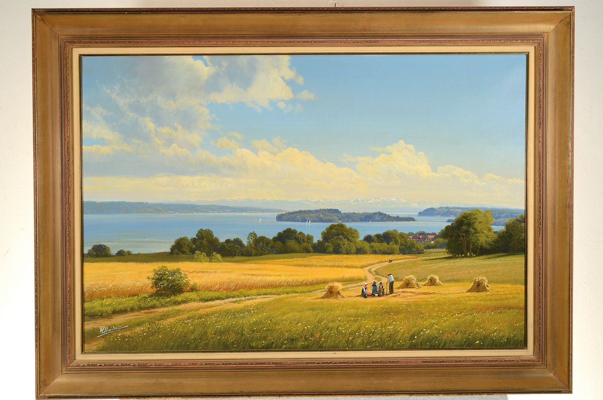Detail k: Wolfgang Heinz, 1930 Schopfheim-2014, Sommerliche Bodenseeandschaft, Getreideernte mit Blick auf die Insel Mainau, im Hintergrunddie Alpen, Öl/Lwd, ...