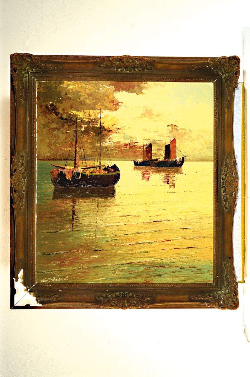 Detail k: Georg Arnold-Graboné, 1896 München-1982 Starnberg, Segelboote auf ruhiger See im Abendrot, Öl/Lwd, expressiver pastoser Farbauftrag, links unten ...