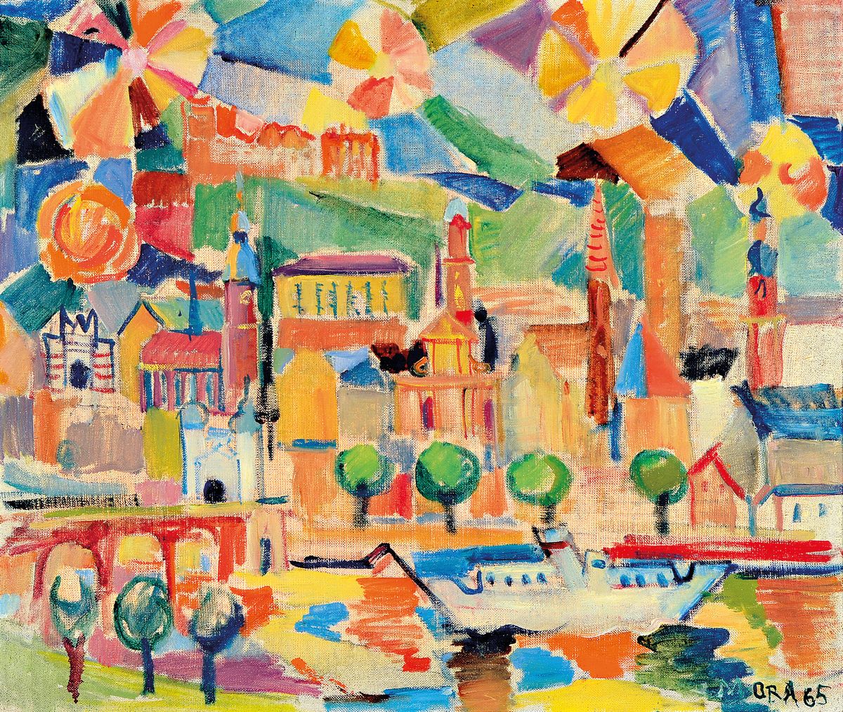 Herta Mora, 1904 Riga-1980 Stuttgart, Heidelberg-nächtliche Illumination, so rückseitig auf altem Ausst.Etikett so betitelt, Öl/Lwd, rechts unten ...