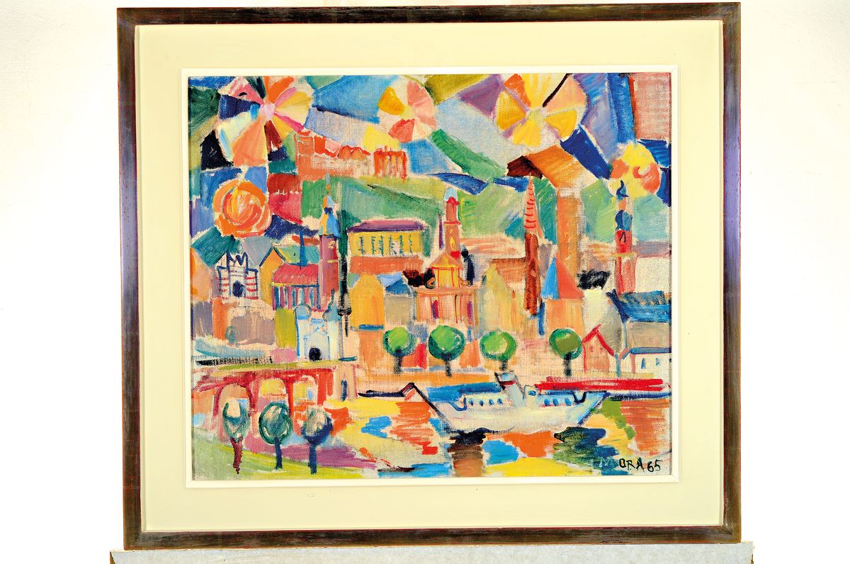 Detail k: Herta Mora, 1904 Riga-1980 Stuttgart, Heidelberg-nächtliche Illumination, so rückseitig auf altem Ausst.Etikett so betitelt, Öl/Lwd, rechts unten ...