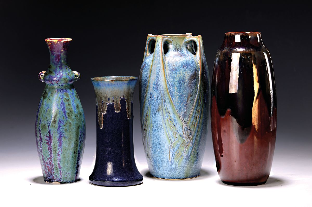 Vier Jugendstilvasen, Frankreich, um 1900, 1. Danbac, mit vier Henkeln, grünlich- blaue Laufglasur, H. ca. 24 cm, 2. Vase Auguste Delaherche, ...