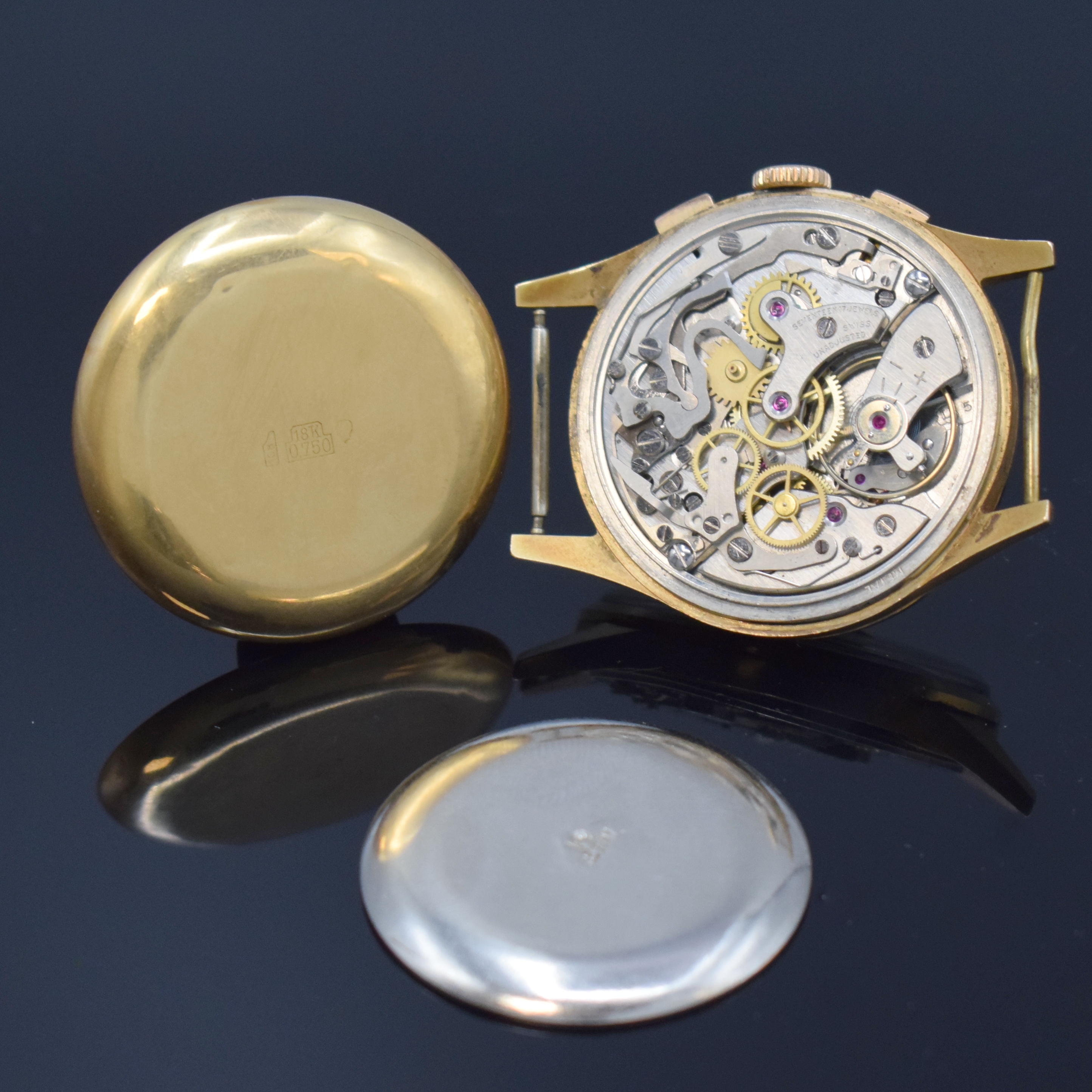Detail d: BENMORE / CHRONOGRAPHE SUISSE Herrenchronograph in RG 750/000, Schweiz um 1950, Handaufzug, Boden aufgedr., kupferfarb. Zifferbl. m. gold. Std.-Ind. ...