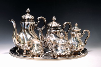 Image 26706100 - Coffee, tea and mocha pot, sugar bowl, milk jug and tray, German, 830 silver, baroque style, bulbous and twisted, height of Coffee pot approx. 25cm, total approx. 3400 g.