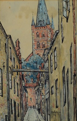 Image 26706132 - Max Stobbe, 1883 Altona-1963 Hamburg, view into the old part of Lübeck with St. Peters church, pastel on paper, signed lower right and dated 21, approx. 46x30 cm, PP, etc., frame approx. 64x45cm
