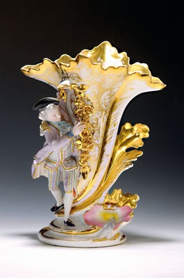 Image 26706138 - Large cornucopia vase with figure, France, mid-19th century, porcelain, rich gold decoration, slightly rubbed, fully sculpted figure of a cavalier on the side, this bisque porcelain, finely colorfully painted, height approx. 40cm m