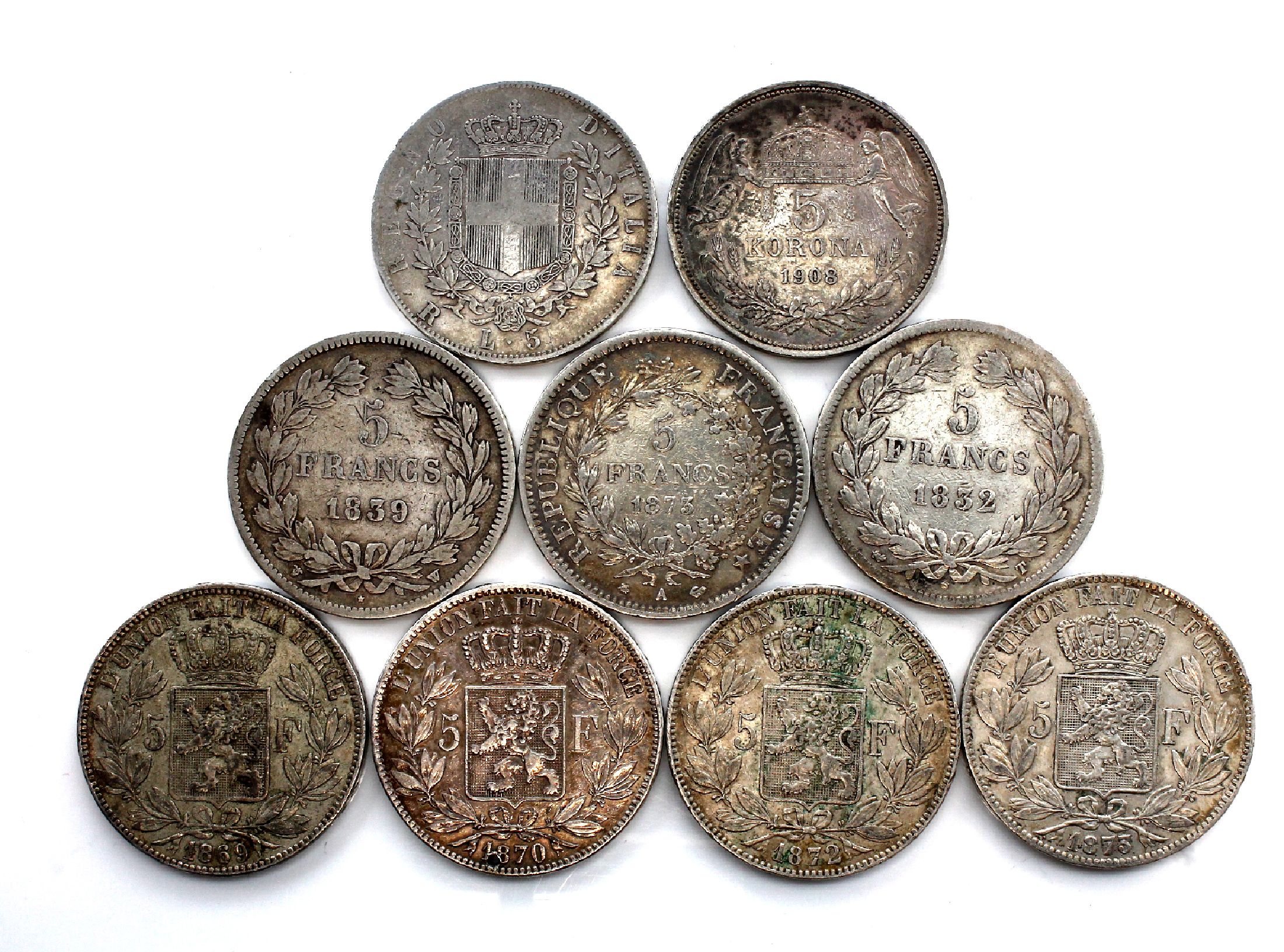Detail a: Konvolut 42 Silbermünzen, best. aus: 4 x 5 Francs Belgien, Leopold II 1869, 1870, 1872 und 1873, 1 x Korona Franz Joseph, 1908, 1 x 5Lira Vittorio ...