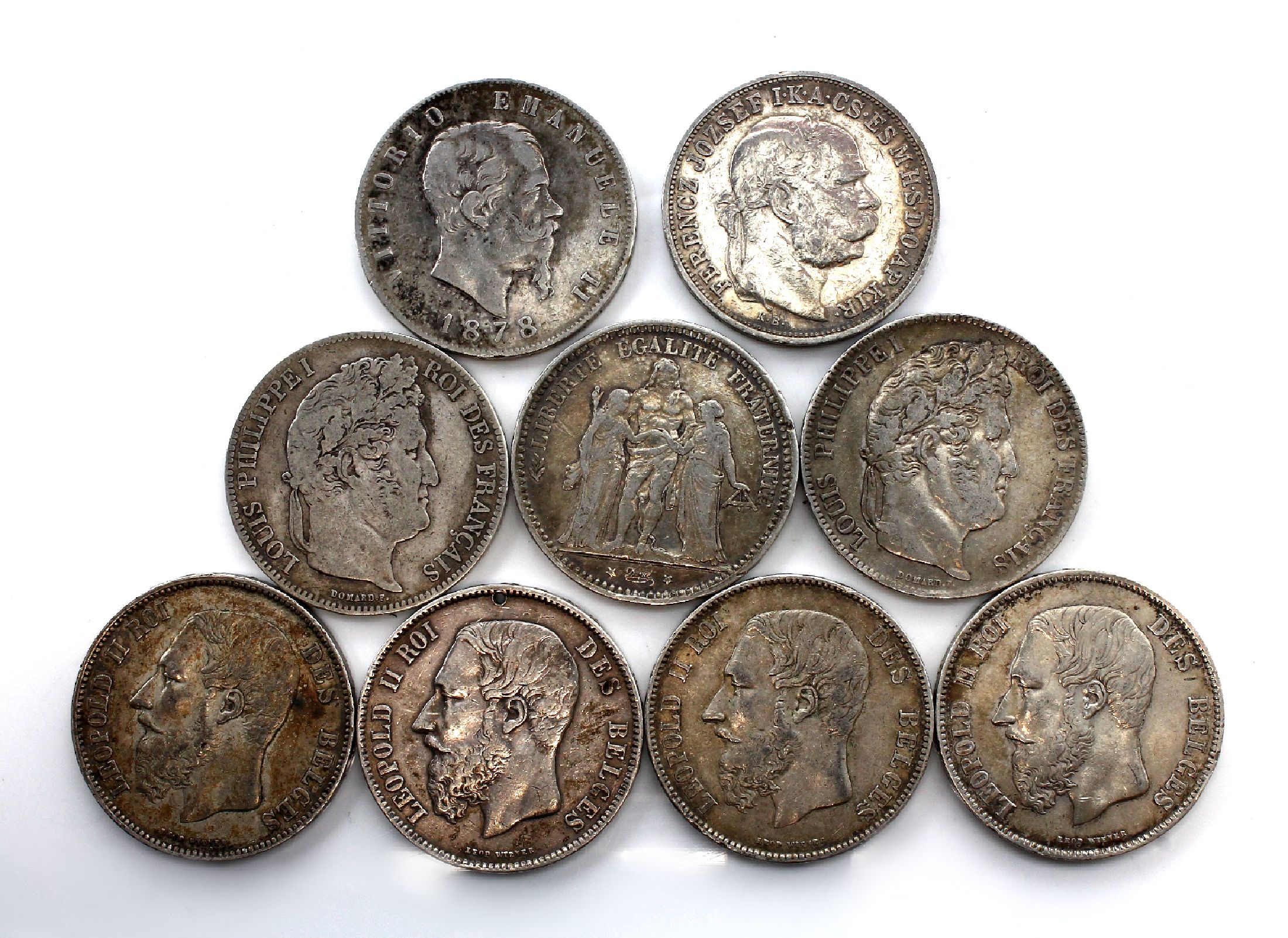 Detail b: Konvolut 42 Silbermünzen, best. aus: 4 x 5 Francs Belgien, Leopold II 1869, 1870, 1872 und 1873, 1 x Korona Franz Joseph, 1908, 1 x 5Lira Vittorio ...