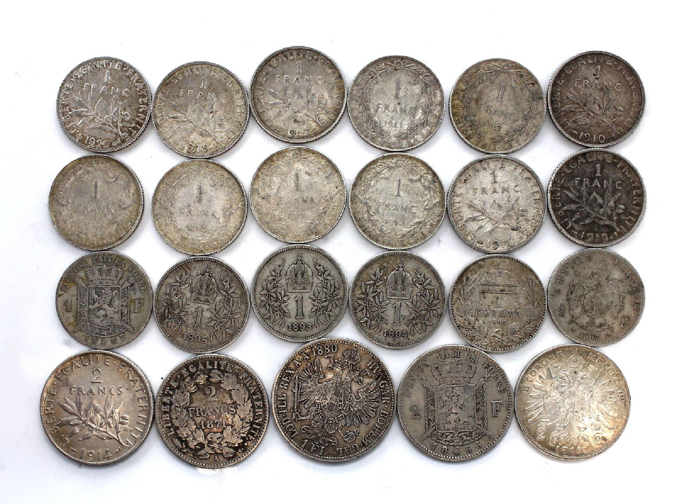 Detail c: Konvolut 42 Silbermünzen, best. aus: 4 x 5 Francs Belgien, Leopold II 1869, 1870, 1872 und 1873, 1 x Korona Franz Joseph, 1908, 1 x 5Lira Vittorio ...