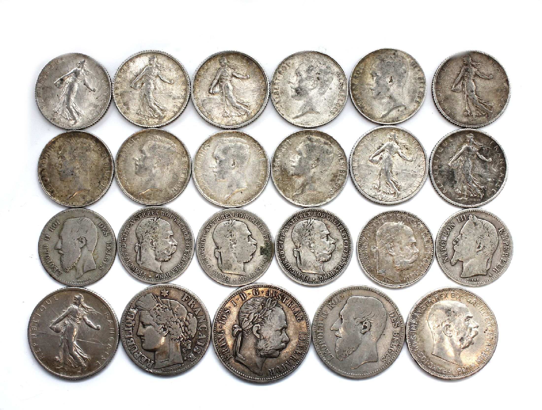 Detail d: Konvolut 42 Silbermünzen, best. aus: 4 x 5 Francs Belgien, Leopold II 1869, 1870, 1872 und 1873, 1 x Korona Franz Joseph, 1908, 1 x 5Lira Vittorio ...