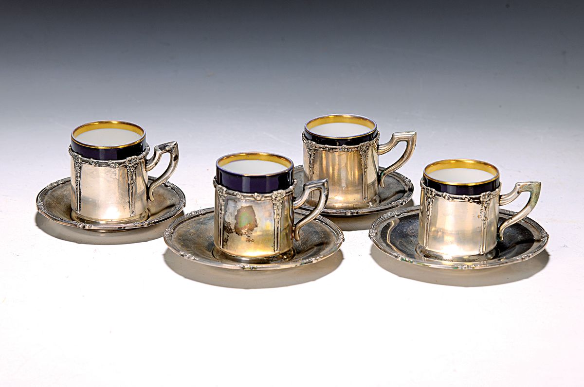 Heißgetränkeset, Österreich/Ungarn, 1867-1872, 800er-Silber, Porzellantässchen königsblau glasiert u. Goldrand, Historismus, 6 Tassen mit UT, 6 ...
