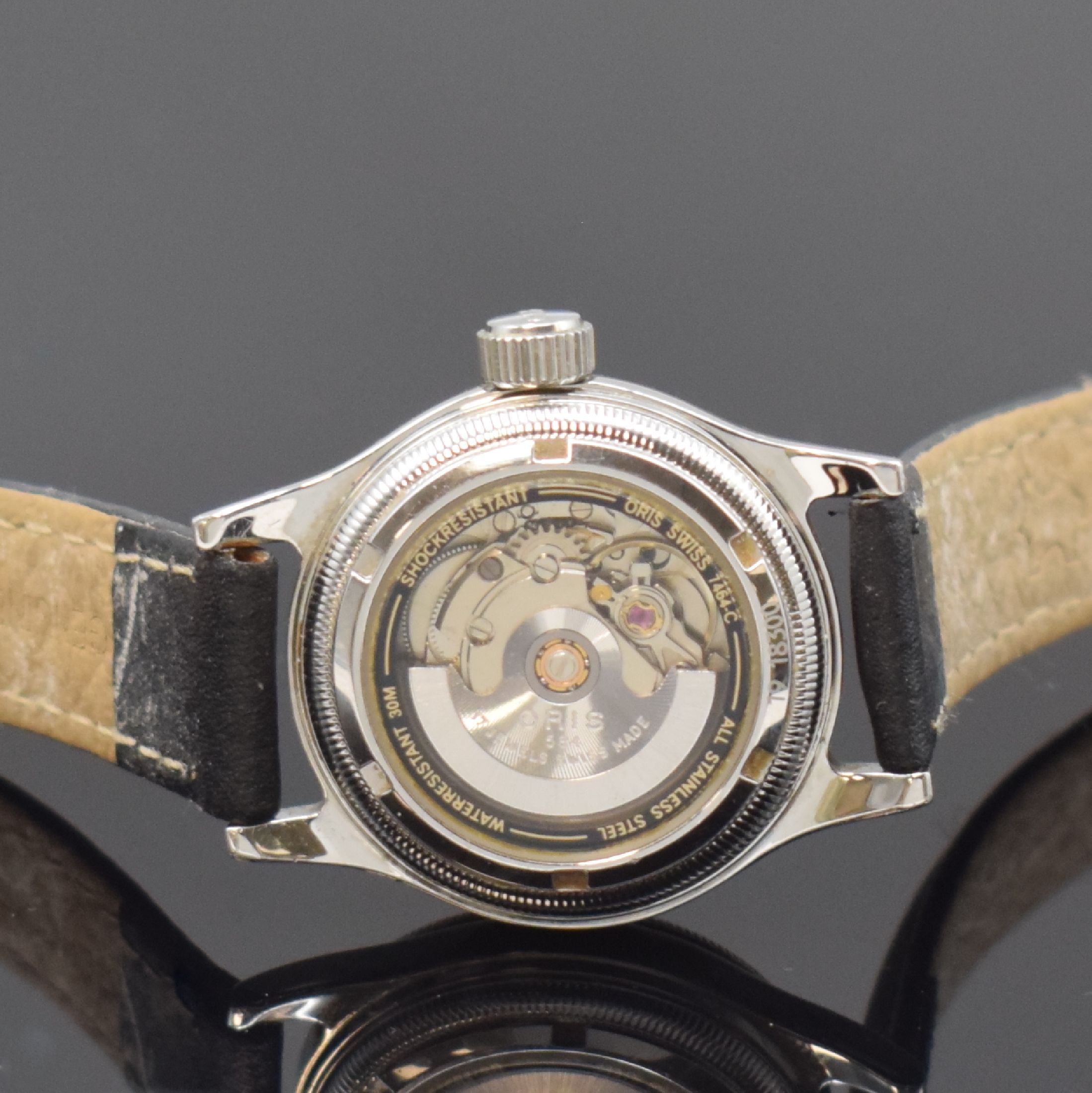 Detail c: ORIS Damenarmbanduhr Big Crown in Stahl Referenz 7464, Schweiz um 1995, Automatik, beids. vergl. Geh., Boden verschr., schwarzes Zifferbl. m. arab. ...