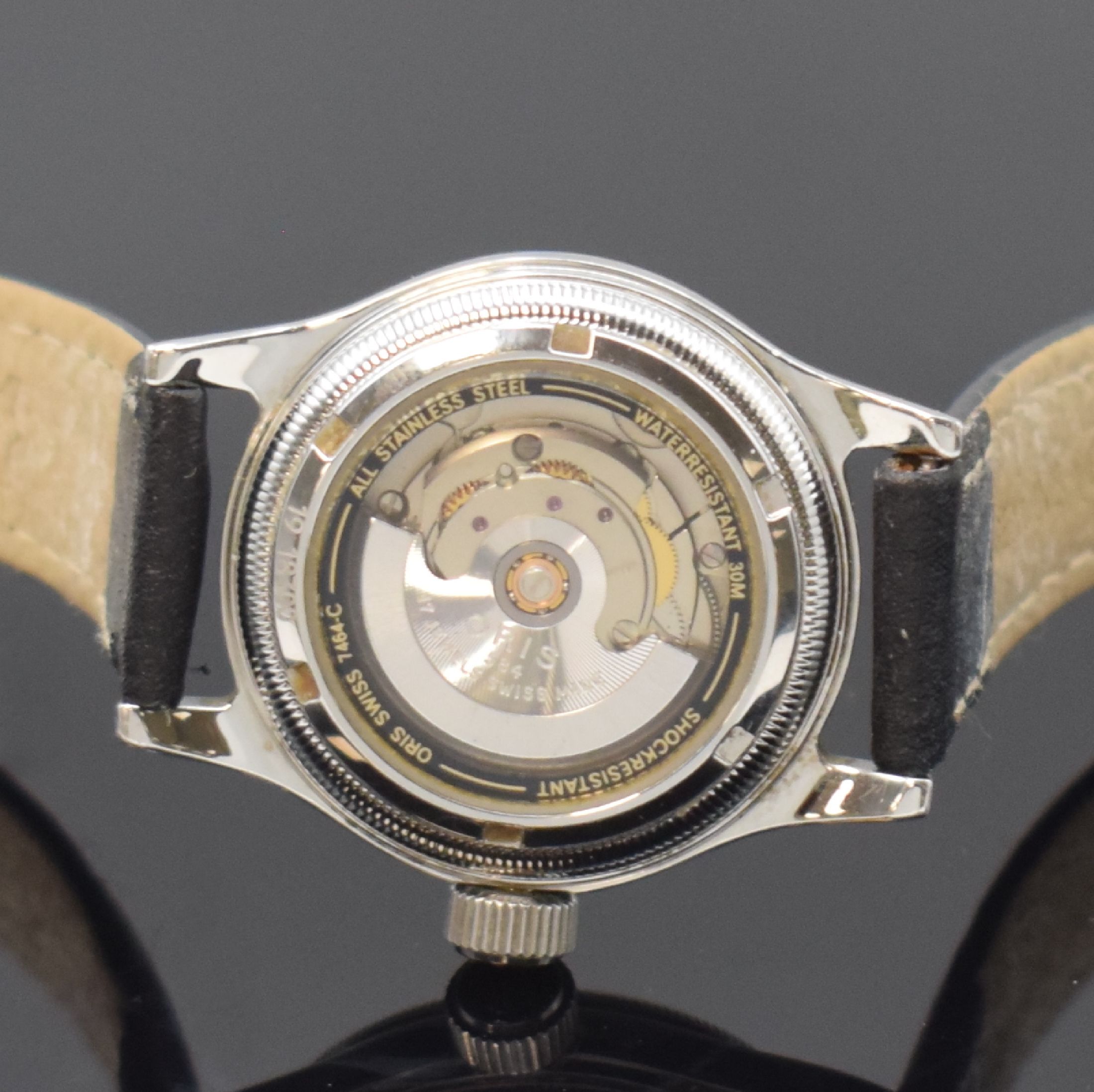 Detail d: ORIS Damenarmbanduhr Big Crown in Stahl Referenz 7464, Schweiz um 1995, Automatik, beids. vergl. Geh., Boden verschr., schwarzes Zifferbl. m. arab. ...
