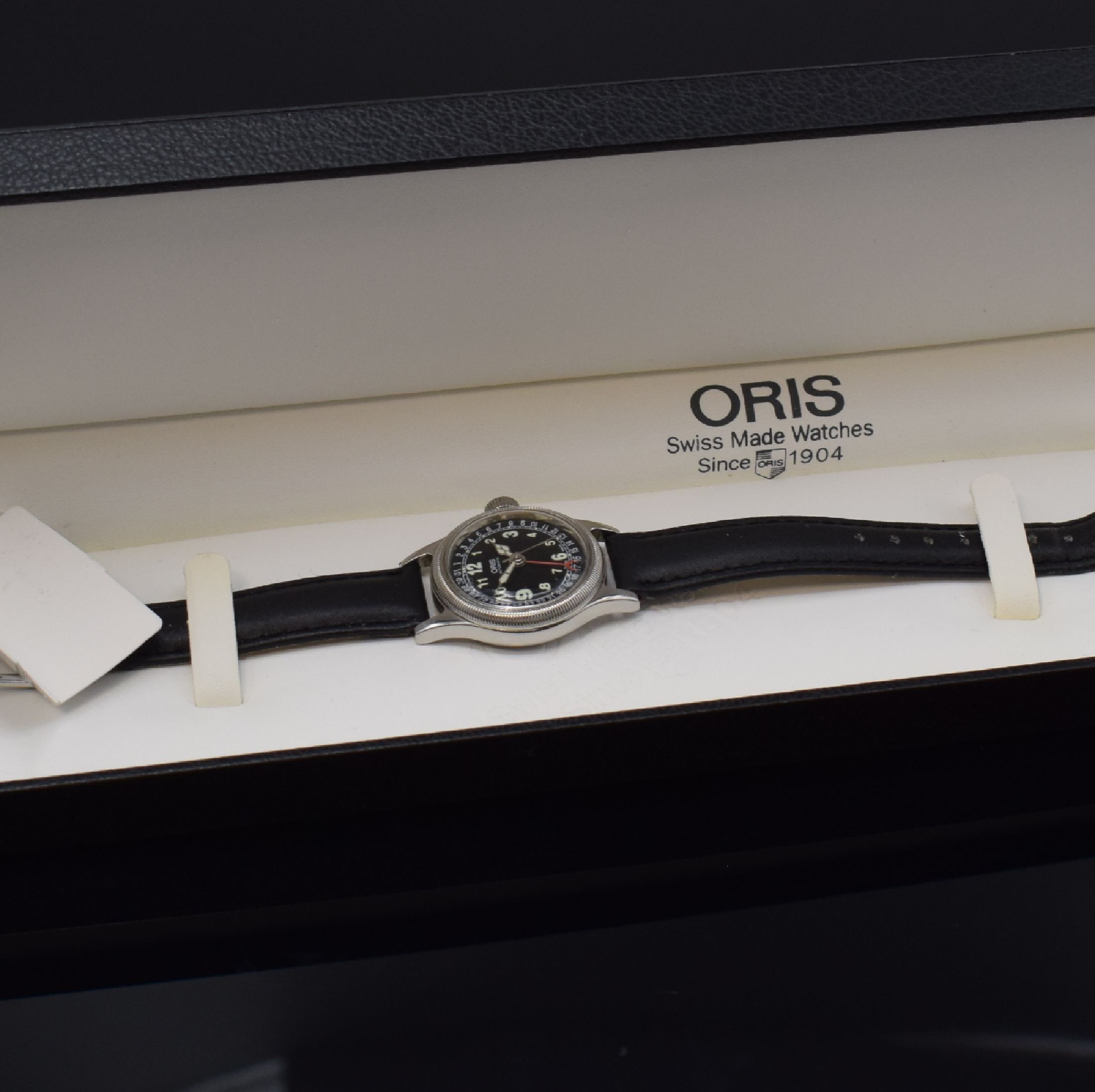 Detail e: ORIS Damenarmbanduhr Big Crown in Stahl Referenz 7464, Schweiz um 1995, Automatik, beids. vergl. Geh., Boden verschr., schwarzes Zifferbl. m. arab. ...