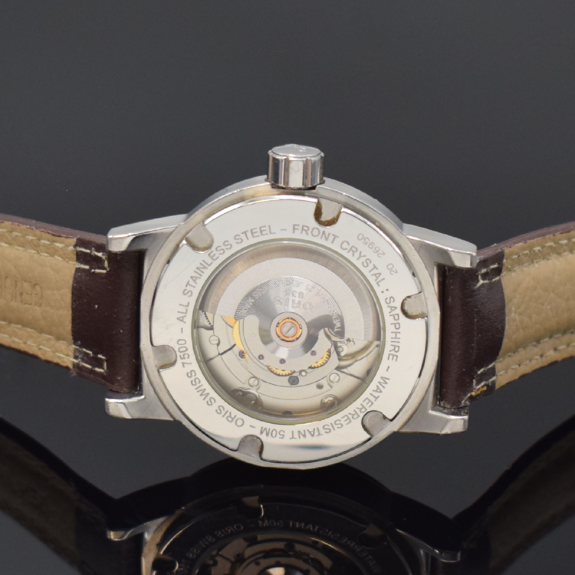 Detail c: ORIS Big Crown BC3 Herrenarmbanduhr in Stahl Referenz 7500, Schweiz um 1995, Automatik, beids. vergl. Geh., Saphirglas vorne, Boden verschr., ...