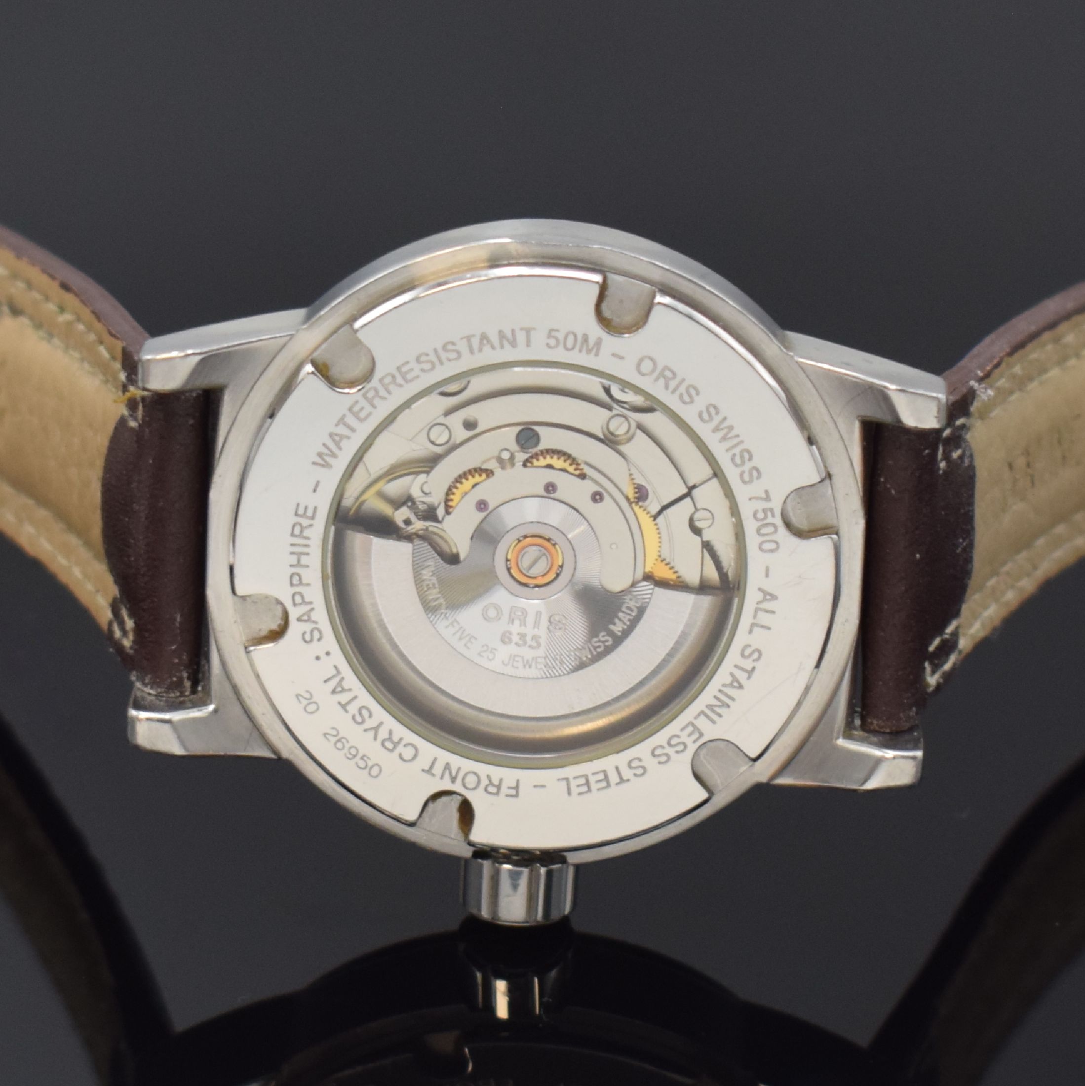 Detail d: ORIS Big Crown BC3 Herrenarmbanduhr in Stahl Referenz 7500, Schweiz um 1995, Automatik, beids. vergl. Geh., Saphirglas vorne, Boden verschr., ...
