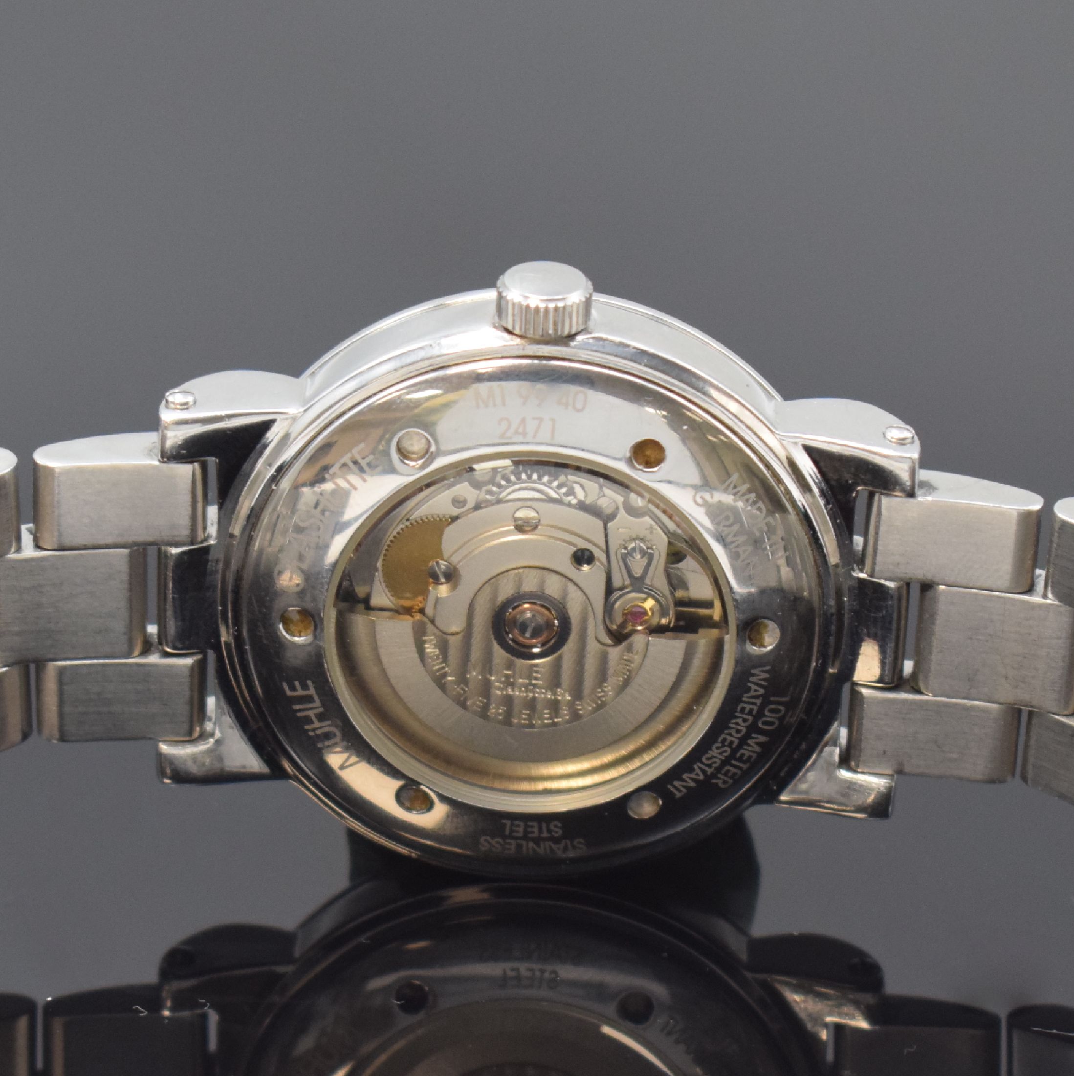 Detail d: NAUTISCHE INSTRUMENTE MÜHLE GLASHÜTTE M99 Herrenarmbanduhr in Stahl, Deutschland um 2000, Automatik, beids. vergl. Geh. inkl. orig. Stahlband m. ...