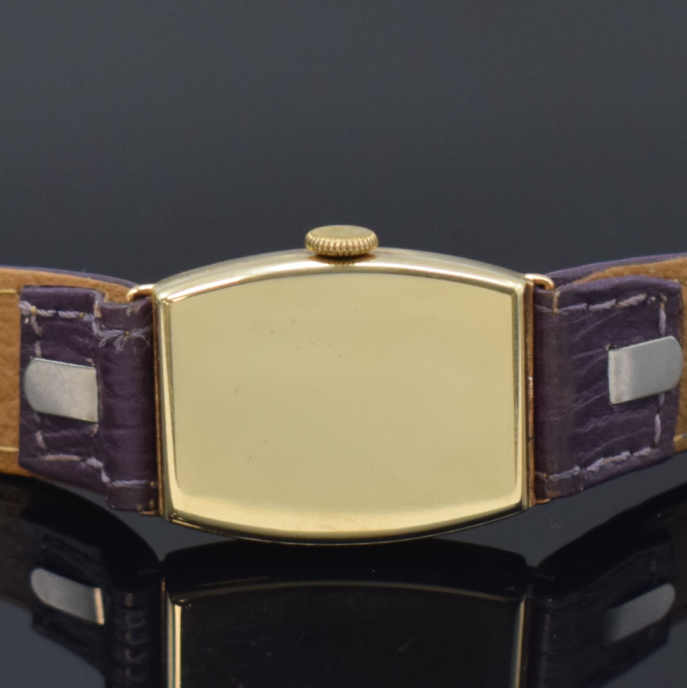 Detail b: HUBER Armbanduhr in GG 585/000, Schweiz um 1925, Handaufzug, emaill. Scharniergeh., silb. Zifferbl. m. arab. Zahlen, gold. Zeiger, kl. Sek. b. 6, ...