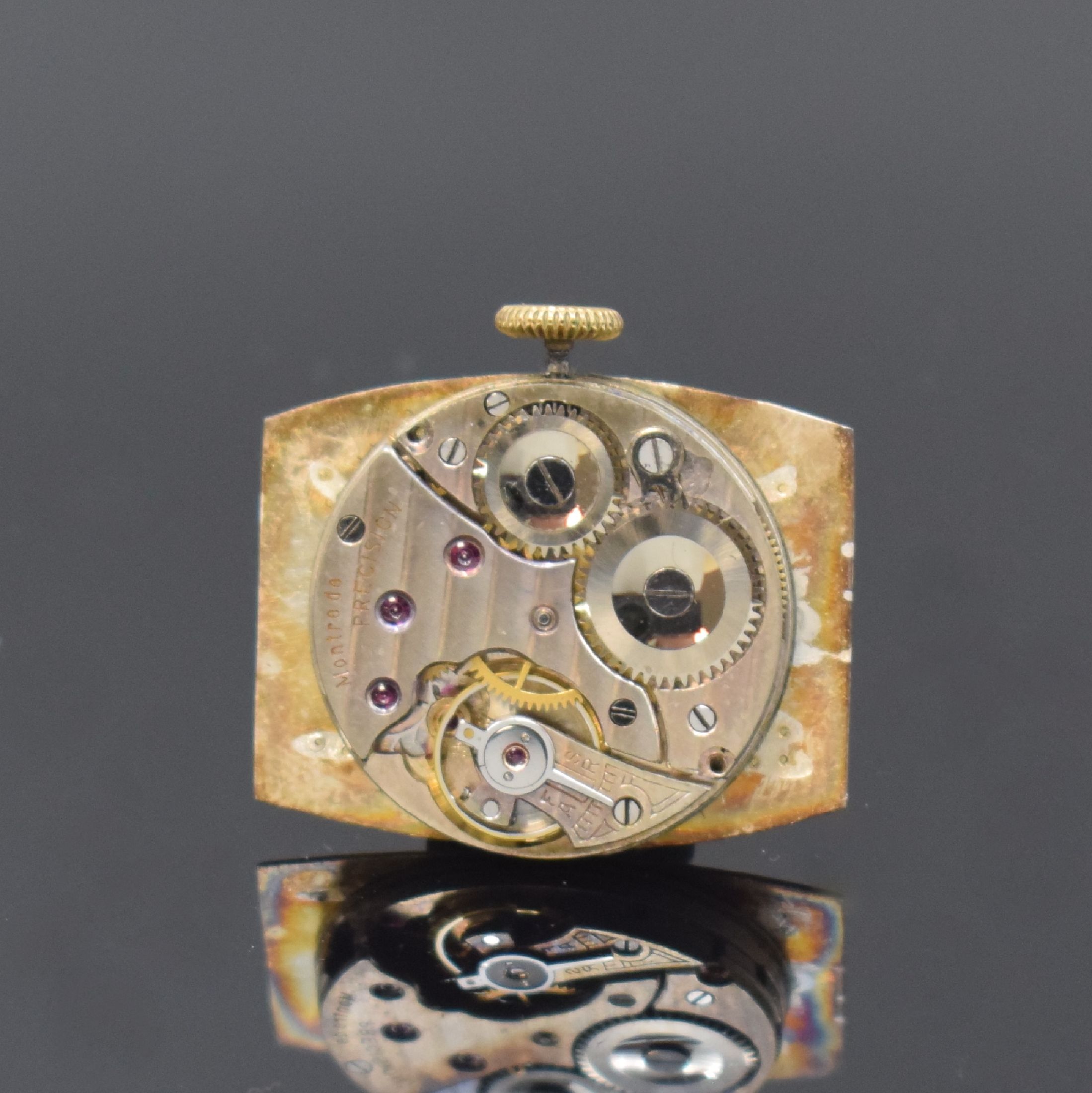 Detail e: HUBER Armbanduhr in GG 585/000, Schweiz um 1925, Handaufzug, emaill. Scharniergeh., silb. Zifferbl. m. arab. Zahlen, gold. Zeiger, kl. Sek. b. 6, ...