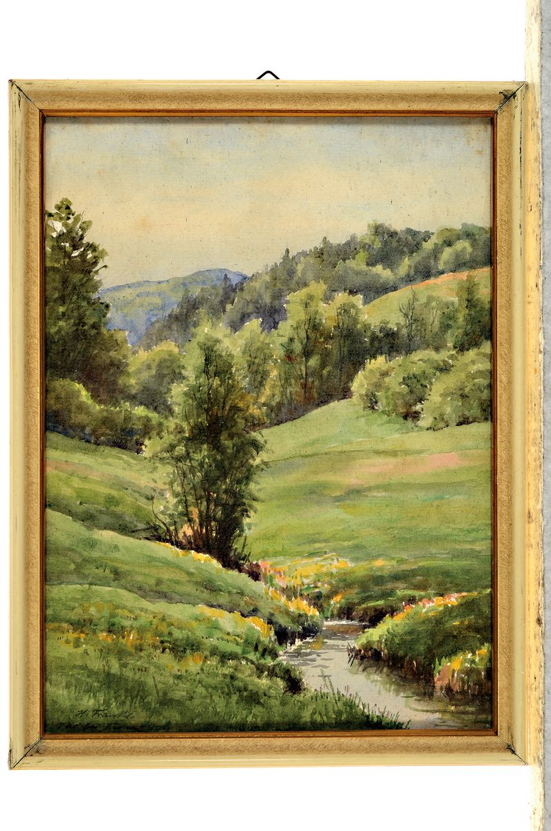Detail k: Hanny Franke, 1890 Koblenz - 1973 Frankfurt am Main, 4 Werke: Baumstudie, Öl/Karton, 31x24cm; Flusslauf, Aquarell, 30x22 cm; "An der Nidda im ...