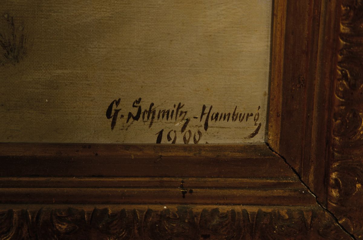 Detail a: Georg Schmitz, 1851 Düsseldorf-1917 Hamburg, Abendrot über verschneiter Waldlandschaft, Personen auf dem Weg zum Bauernhaus, Öl/Lwd, rechts unten ...