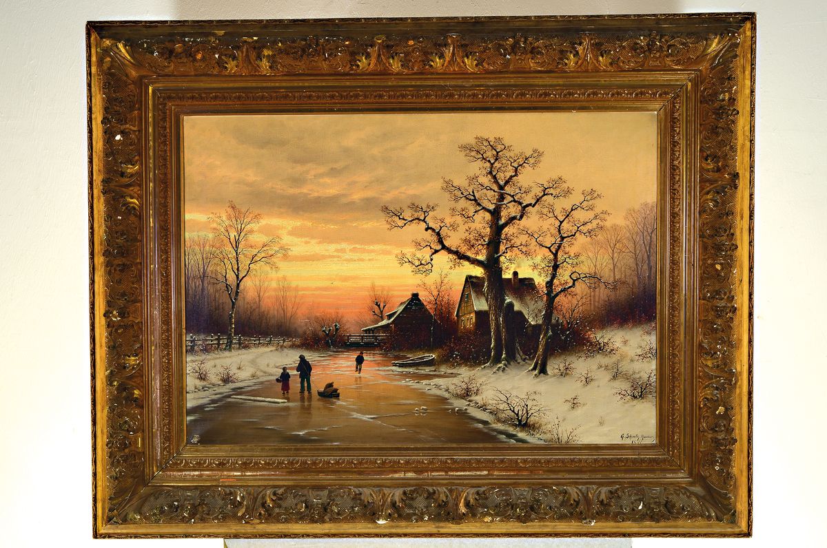 Detail k: Georg Schmitz, 1851 Düsseldorf-1917 Hamburg, Abendrot über verschneiter Waldlandschaft, Personen auf dem Weg zum Bauernhaus, Öl/Lwd, rechts unten ...
