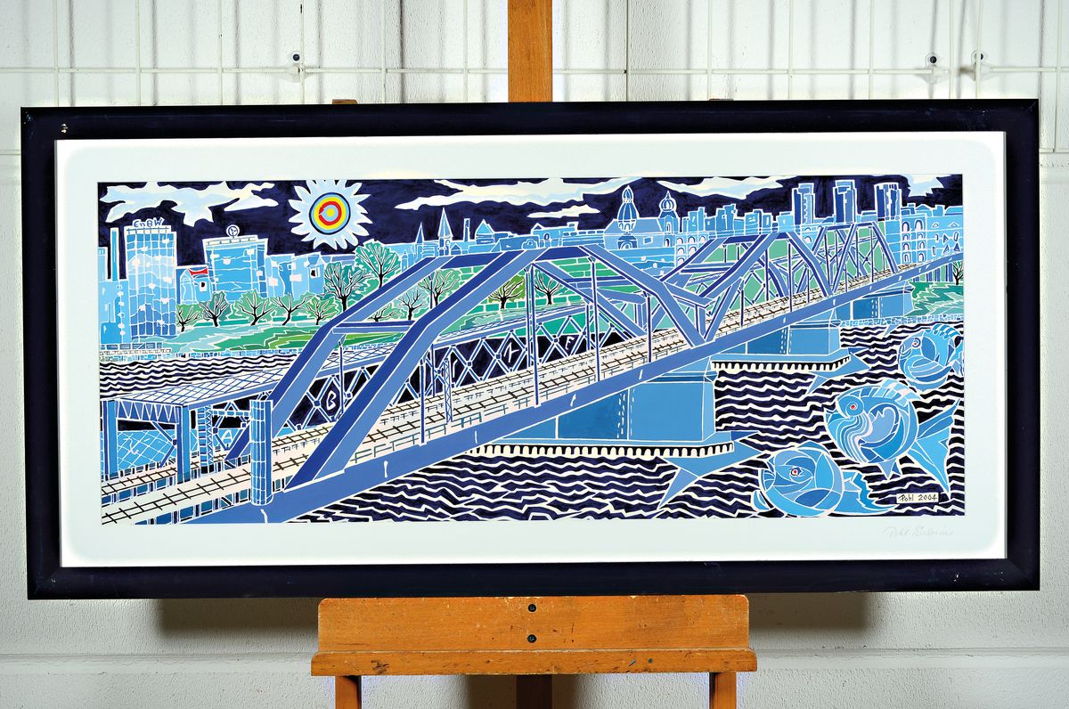 Sabine Pohl, geb. 1953, pfälzische Künstlerin, "Konrad-Adenauer-Brücke", Blick von Ludwigshafen nach Mannheim, ornamental -stilisierter ...