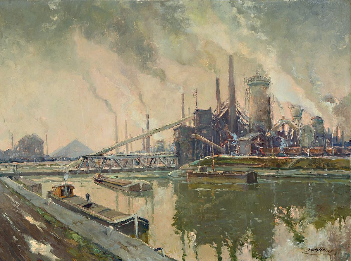 J. Willems, wohl belgischer Maler, Industrielandschaft, Rückseitig bez. Complexe industrie P. de al Providence a la Sambre, a Mareinelle, ...par J. ...