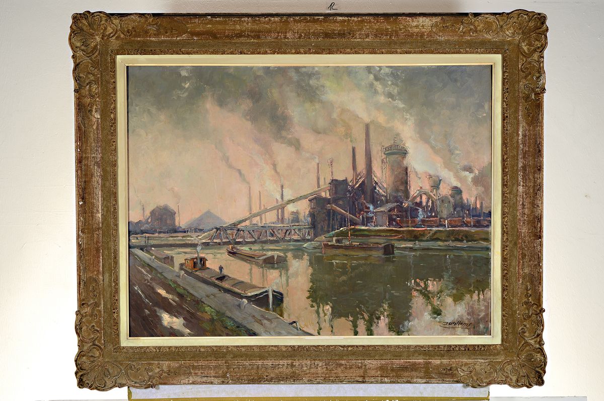 Detail k: J. Willems, wohl belgischer Maler, Industrielandschaft, Rückseitig bez. Complexe industrie P. de al Providence a la Sambre, a Mareinelle, ...par J. ...