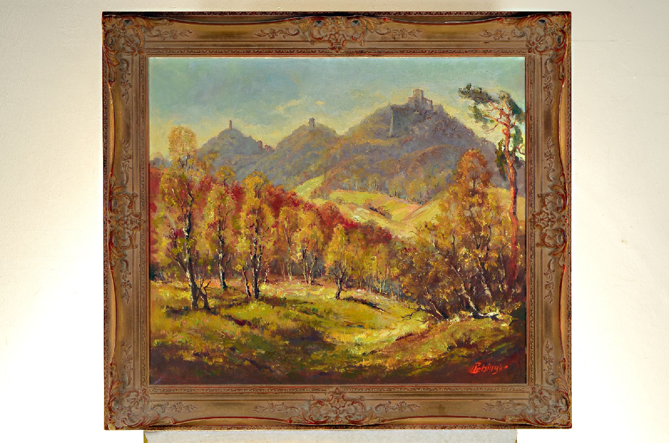Ludwig Petzinger, 1927-2014 Pirmasens, Blick auf Trifels, Anebos und Münz, Öl/Lwd, rehcts unten signiert, ca. 70x80cm, R. ca. 88x98cm