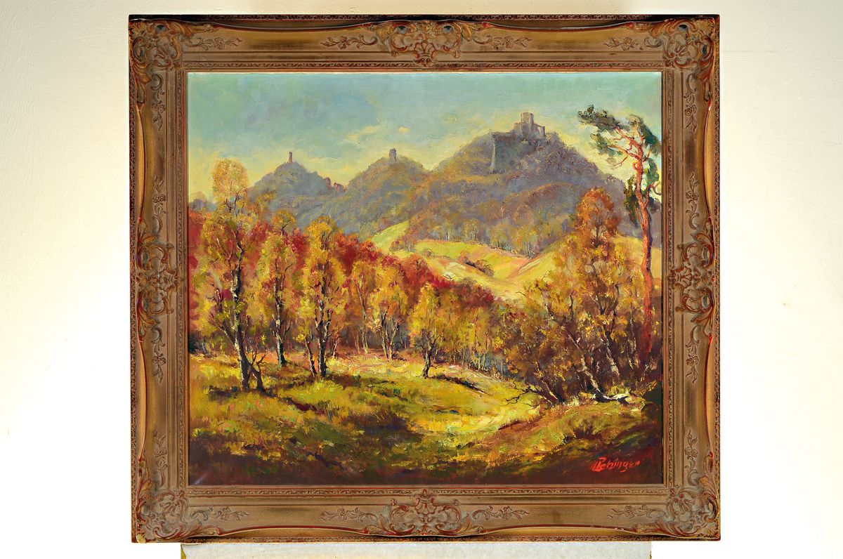 Detail k: Ludwig Petzinger, 1927-2014 Pirmasens, Blick auf Trifels, Anebos und Münz, Öl/Lwd, rehcts unten signiert, ca. 70x80cm, R. ca. 88x98cm