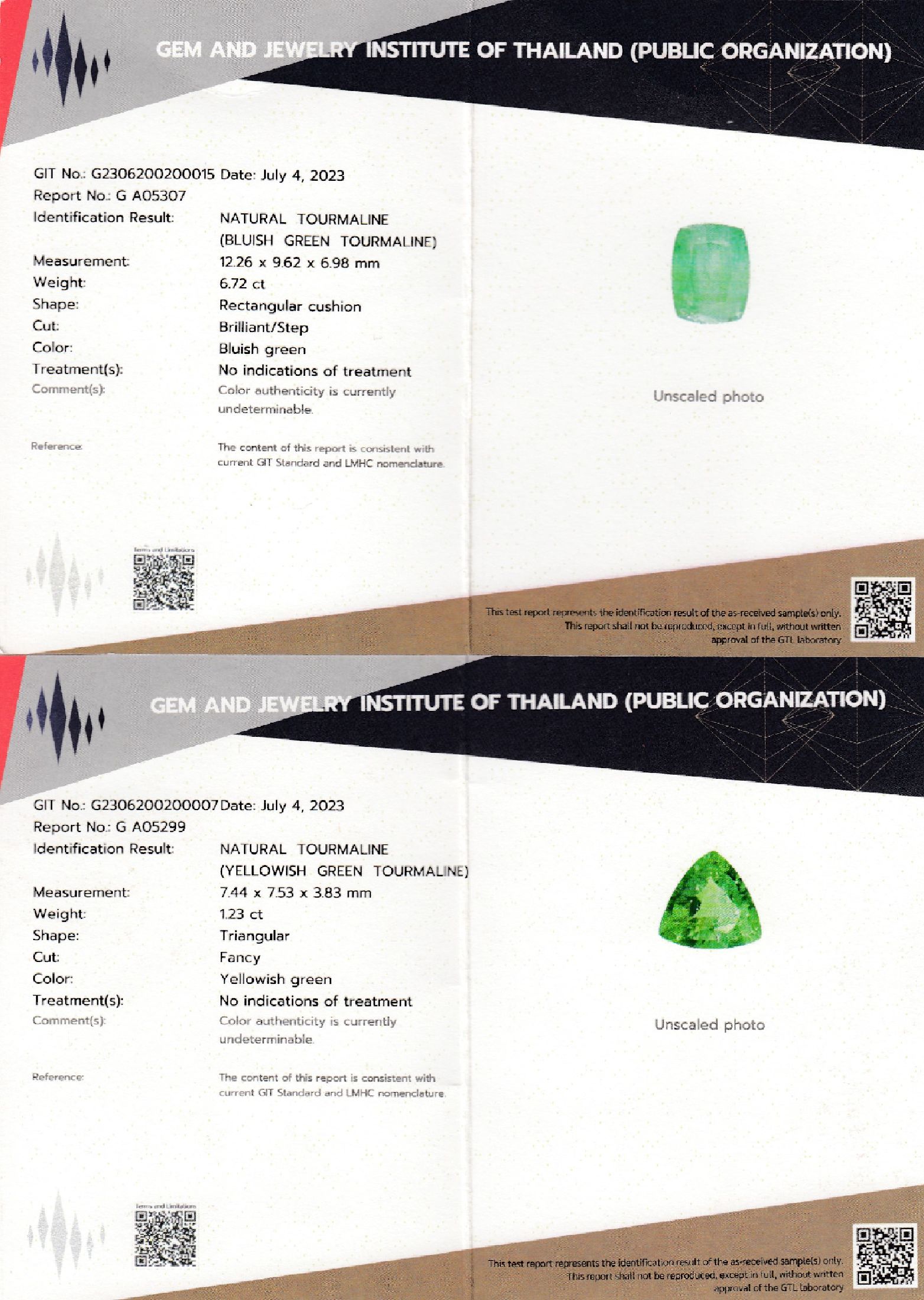 Detail e: Konvolut 4 Turmaline: 1 x ca. 6.72 ct, rechteckiger Kissenschliff, ca. 12.26 x 9.62 x 6.98 mm, bluish green; 1 x ca. 4.01 ct, facett. Triangel, ca. ...
