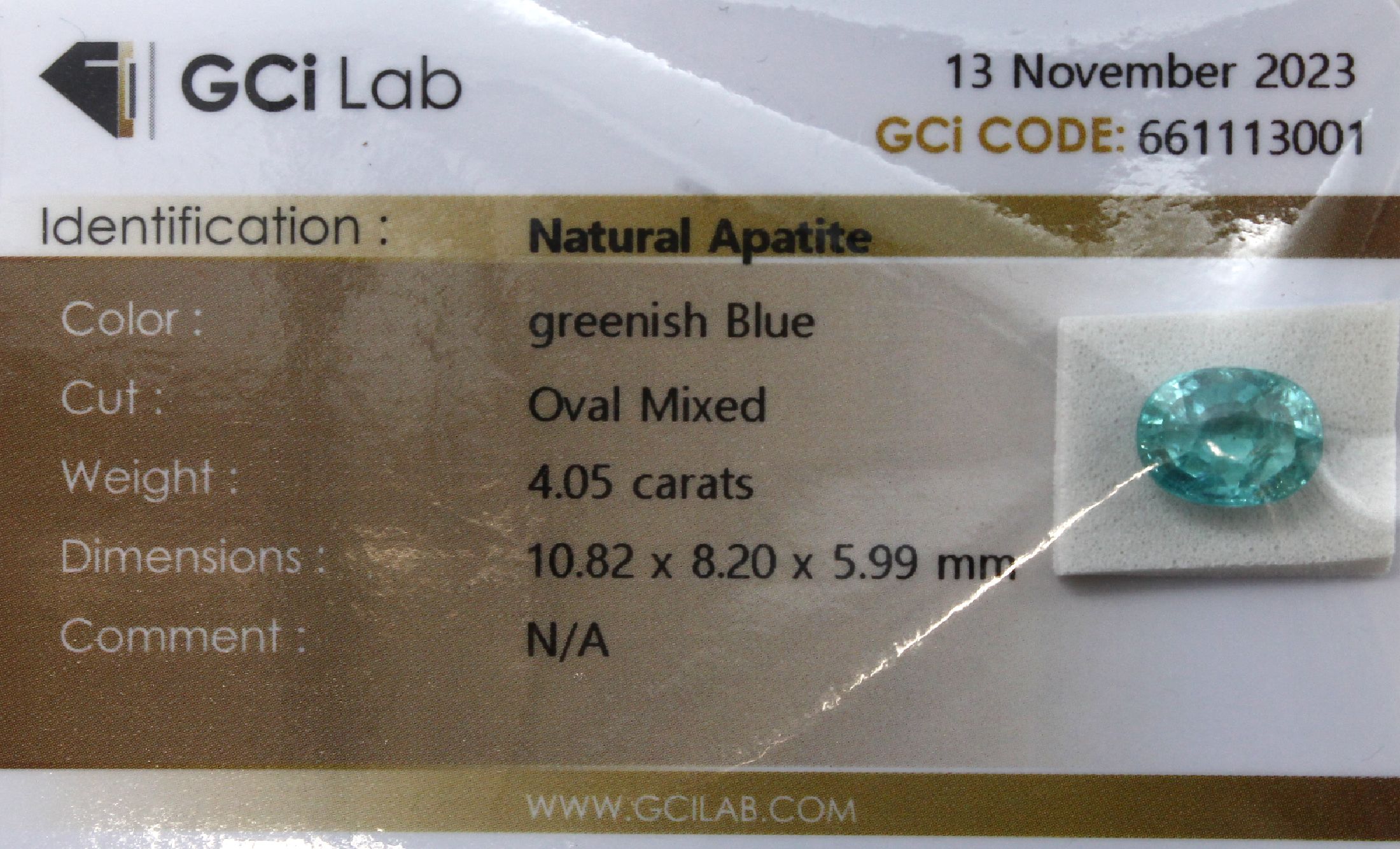 Loser Apatit, ca. 4.05 ct, ovalfacett., greenish blue, GCILab-Expertise, eingeschweißt
