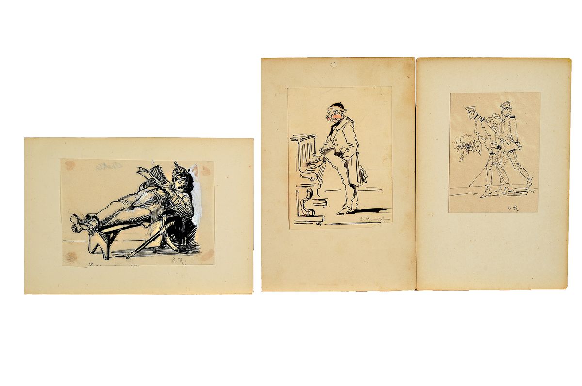 Emil Rumpf, 1860 Frankfurt am Main-1948 Kronberg/Taunus, "carricature und komische Erinnerungen", Sammlung von 73 Skizzen und Zeichnungen, ...