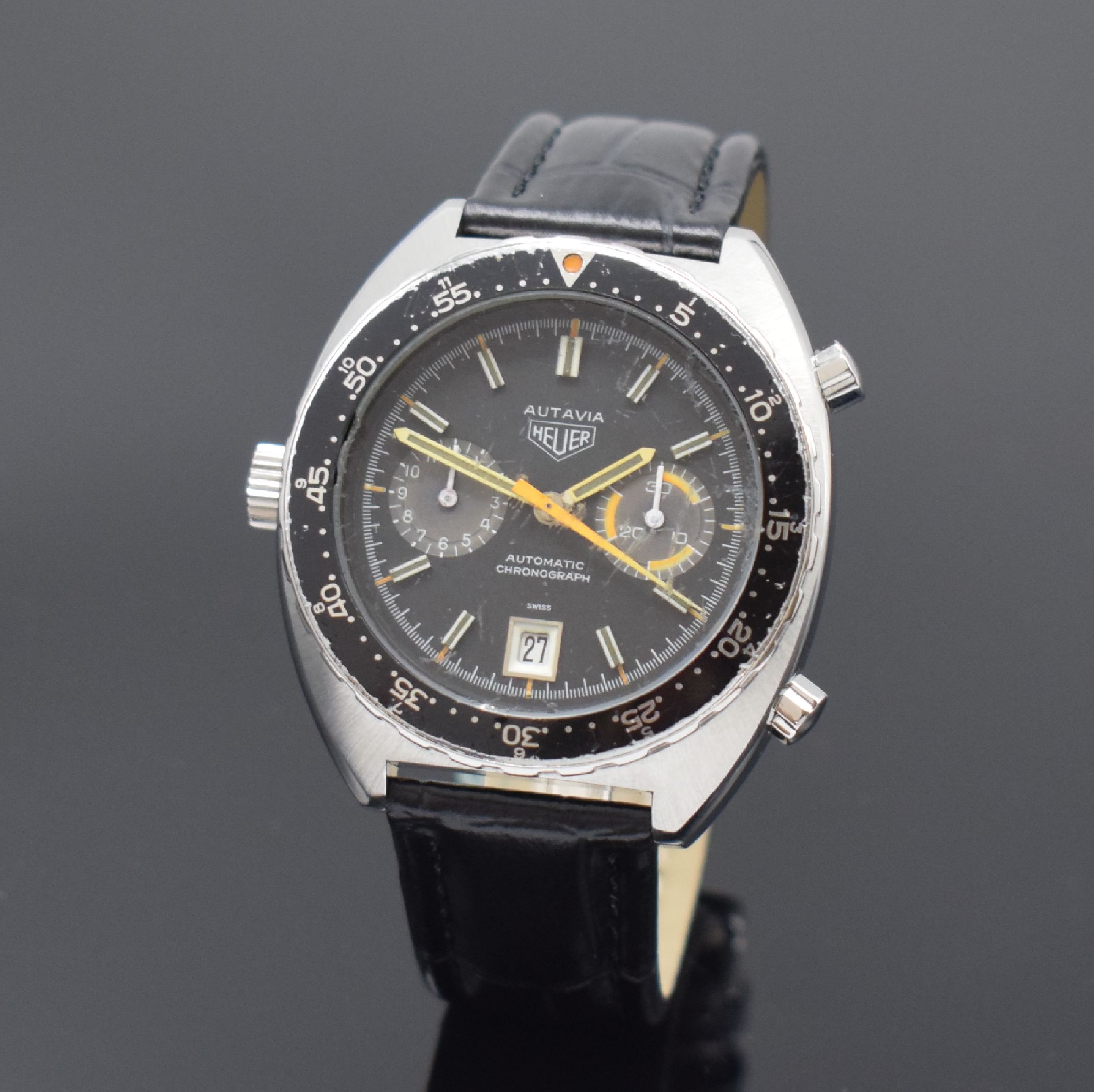 HEUER Autavia Herrenarmbanduhr mit Chronograph in Stahl Referenz 11630, Schweiz um 1975, Automatik, massives Geh., Boden geschr., beids. drehbare ...