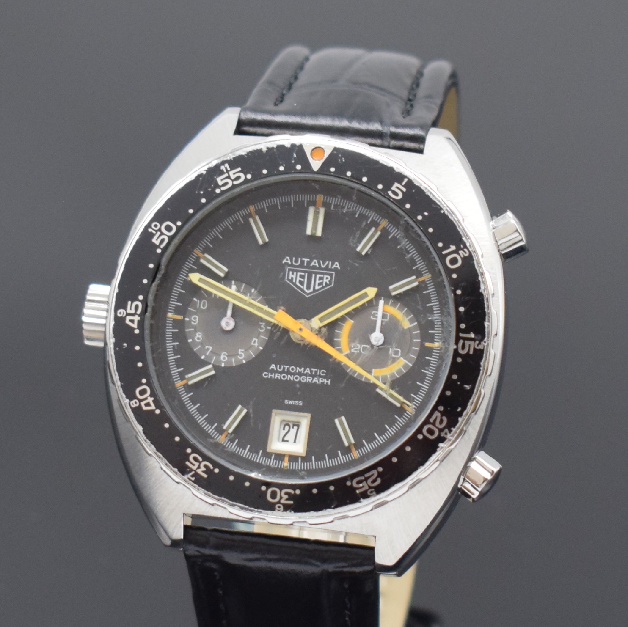 Detail a: HEUER Autavia Herrenarmbanduhr mit Chronograph in Stahl Referenz 11630, Schweiz um 1975, Automatik, massives Geh., Boden geschr., beids. drehbare ...