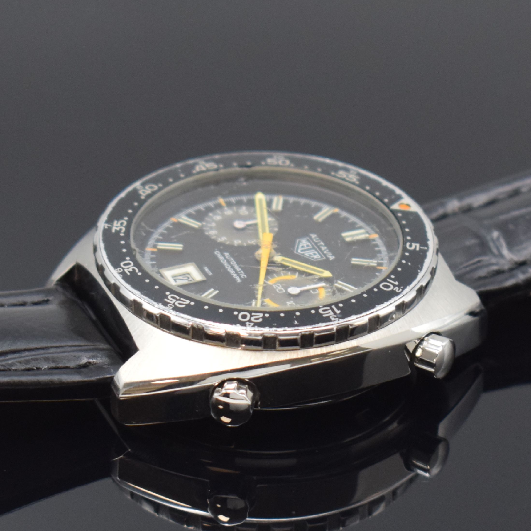 Detail c: HEUER Autavia Herrenarmbanduhr mit Chronograph in Stahl Referenz 11630, Schweiz um 1975, Automatik, massives Geh., Boden geschr., beids. drehbare ...