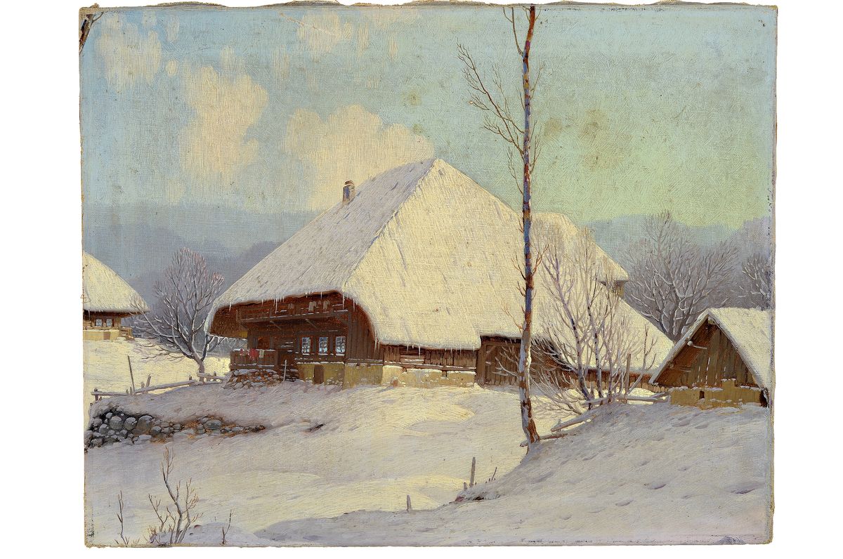 Unbekannter Künstler im Duktus des Karl Hauptmann (1880-1947), Winterlandschaft mit verschneitem Schwarzwaldhof, unsigniert, dreiseitig beschnitten, ...