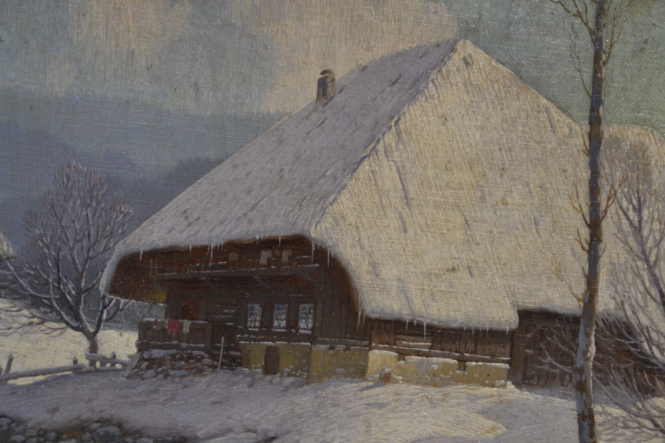 Detail b: Unbekannter Künstler im Duktus des Karl Hauptmann (1880-1947), Winterlandschaft mit verschneitem Schwarzwaldhof, unsigniert, dreiseitig beschnitten, ...