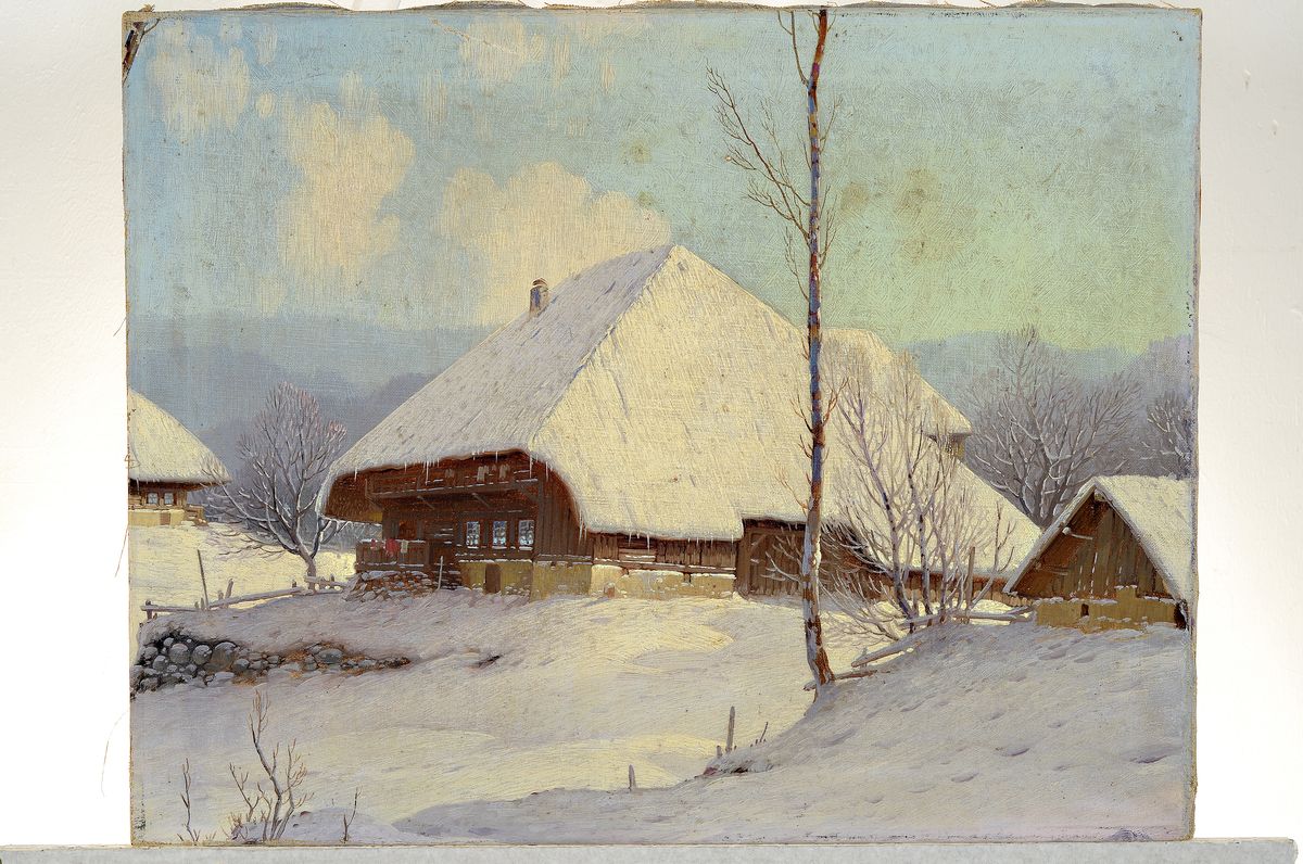 Detail k: Unbekannter Künstler im Duktus des Karl Hauptmann (1880-1947), Winterlandschaft mit verschneitem Schwarzwaldhof, unsigniert, dreiseitig beschnitten, ...